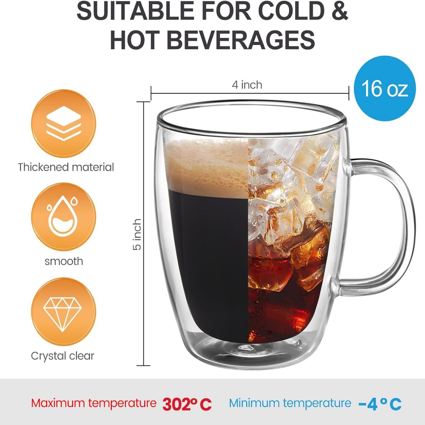 Double Walled Glass Coffee Mugs with Handle Insulated Glass Cappuccino Mugs