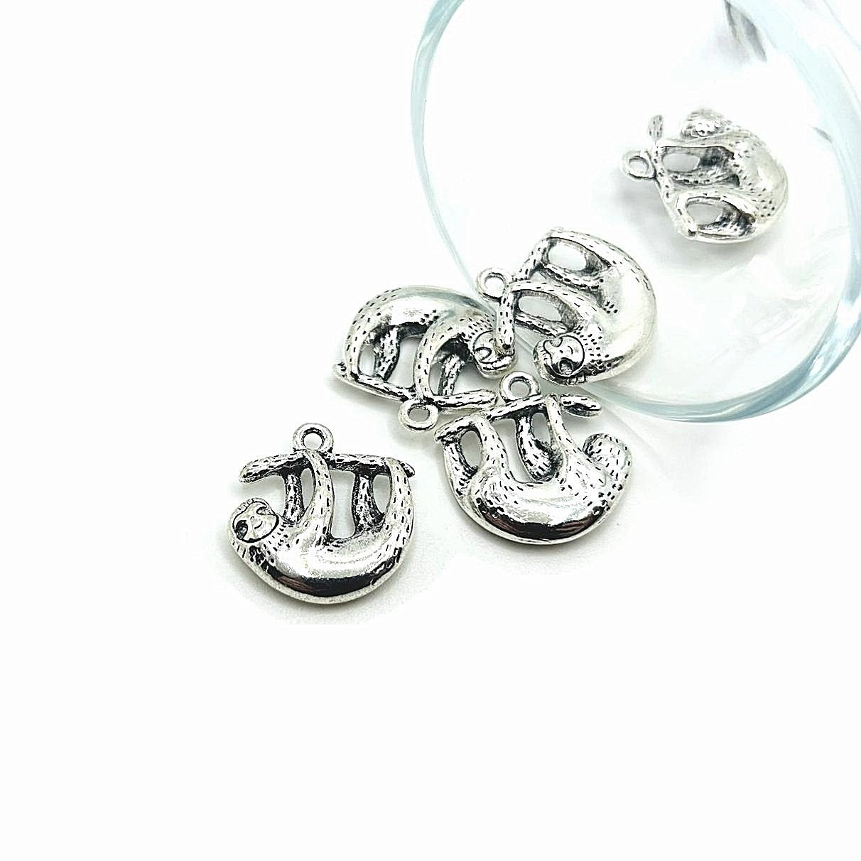 4, 20 or 50 Pieces: Silver Sloth on Branch Charms, Double Sided