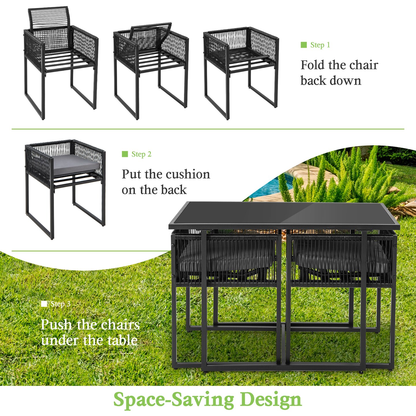 Outdoor 3-Piece Patio Furniture Set Folding Chairs Tempered Glass Table