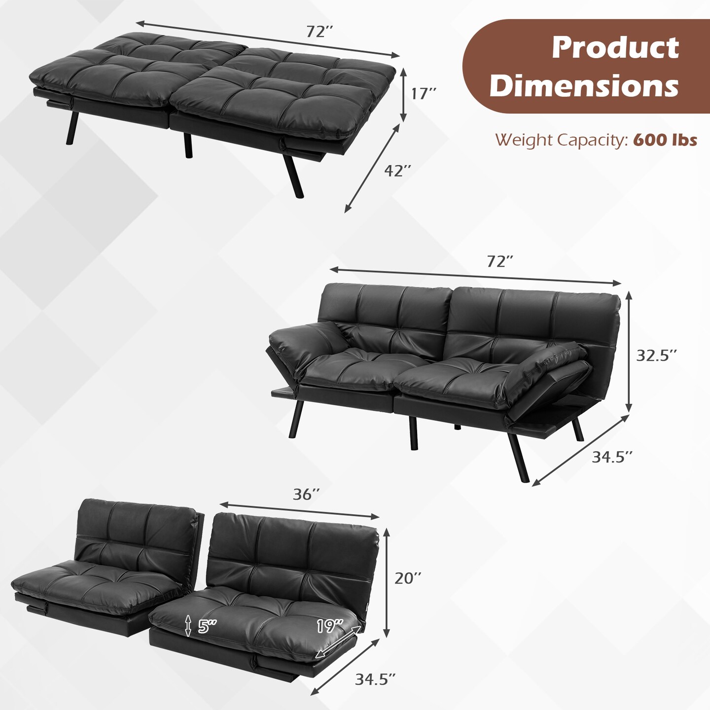 Convertible Memory Foam Futon Sofa Bed with Adjustable Armrest