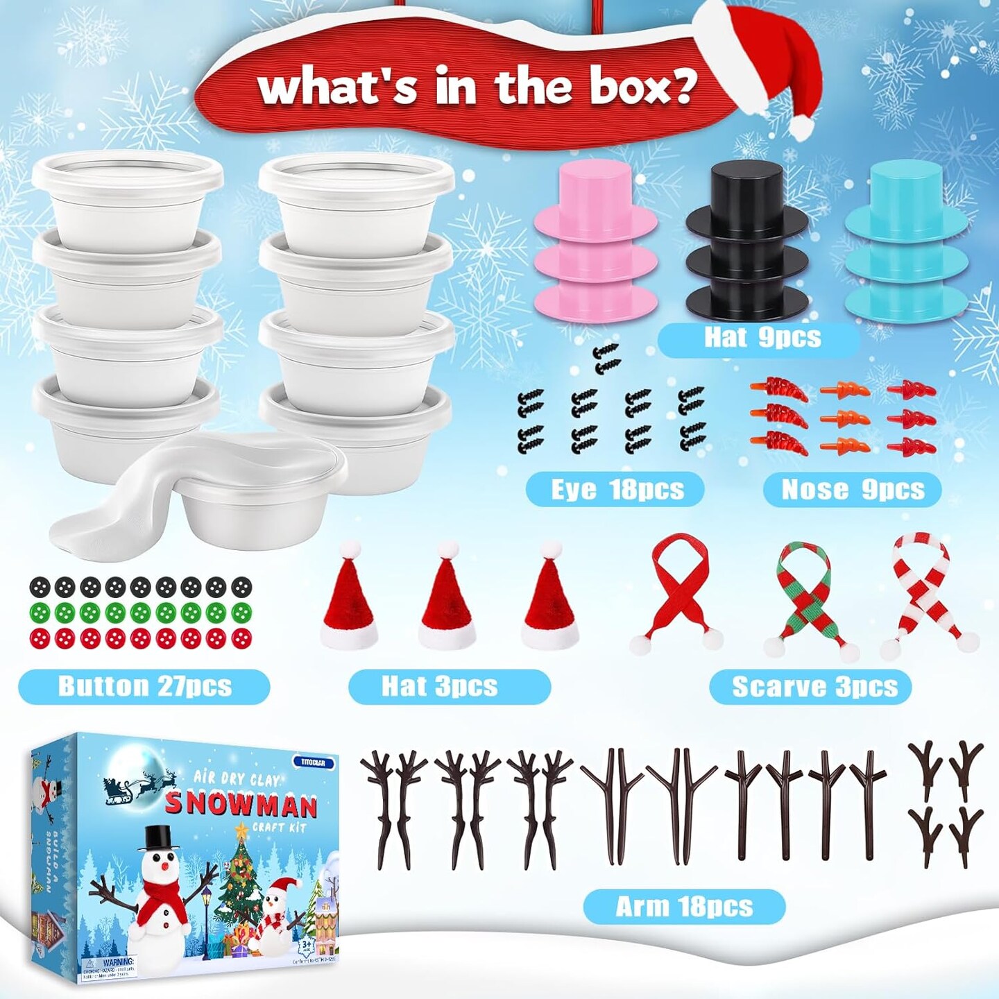 DIY Christmas Build a Snowman Air Dry Molding Clay Kit 9 Pack