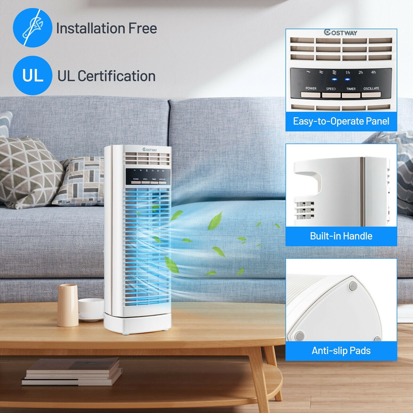 Mini Oscillating Tower Fan Electric Desk Fan with 3 Speed and Timer