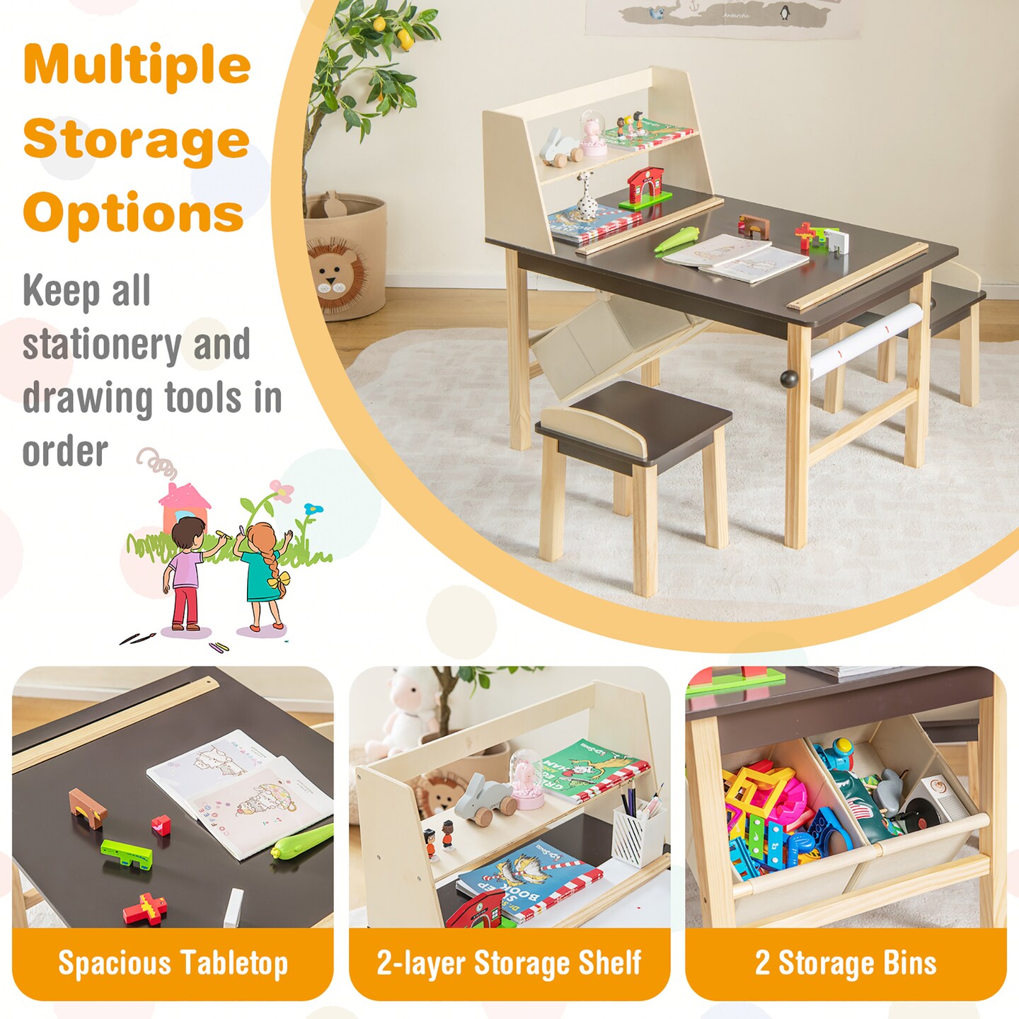 Costway Kids Art Table &#x26; Chairs Set Wooden Drawing Desk with Paper Roll Storage Shelf Bins