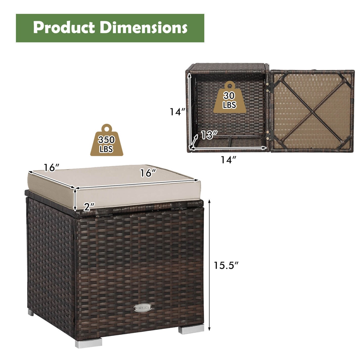 2 Pieces Patio Storage Ottoman with Removable and Washable Cushions