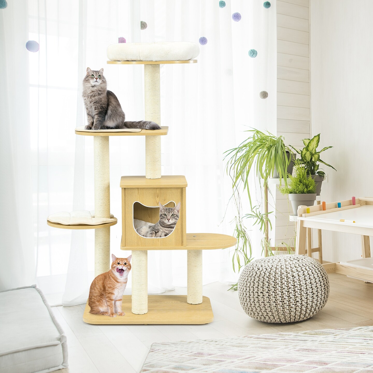 4 Levels Modern Wood Cat Tower with Washable Mats-Walnut