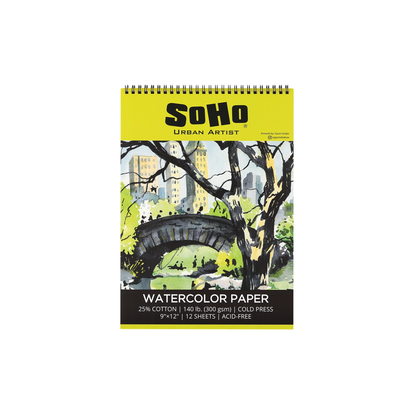 SoHo Urban Artist Watercolor Paper Spiral Pad - 140lb Cold Press Acid-Free, ECF, 12 Pages, Multimedia Paper