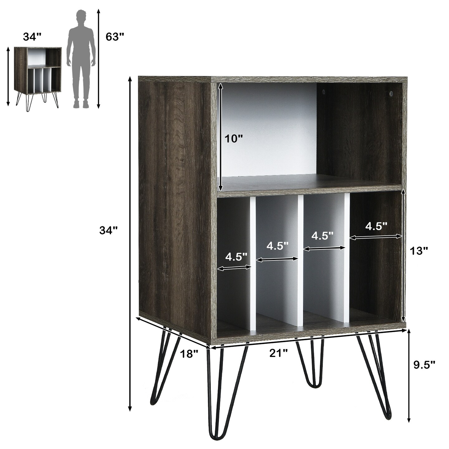 Freestanding Record Player Stand Record Storage Cabinet with Metal Legs