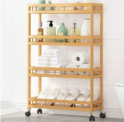 DailyNec 4-Tier Bamboo Kitchen Rolling Cart Removable Wood Trolley Island Cart, Utility Cart Multi-Layer Storage Shelf Rack with Wheels