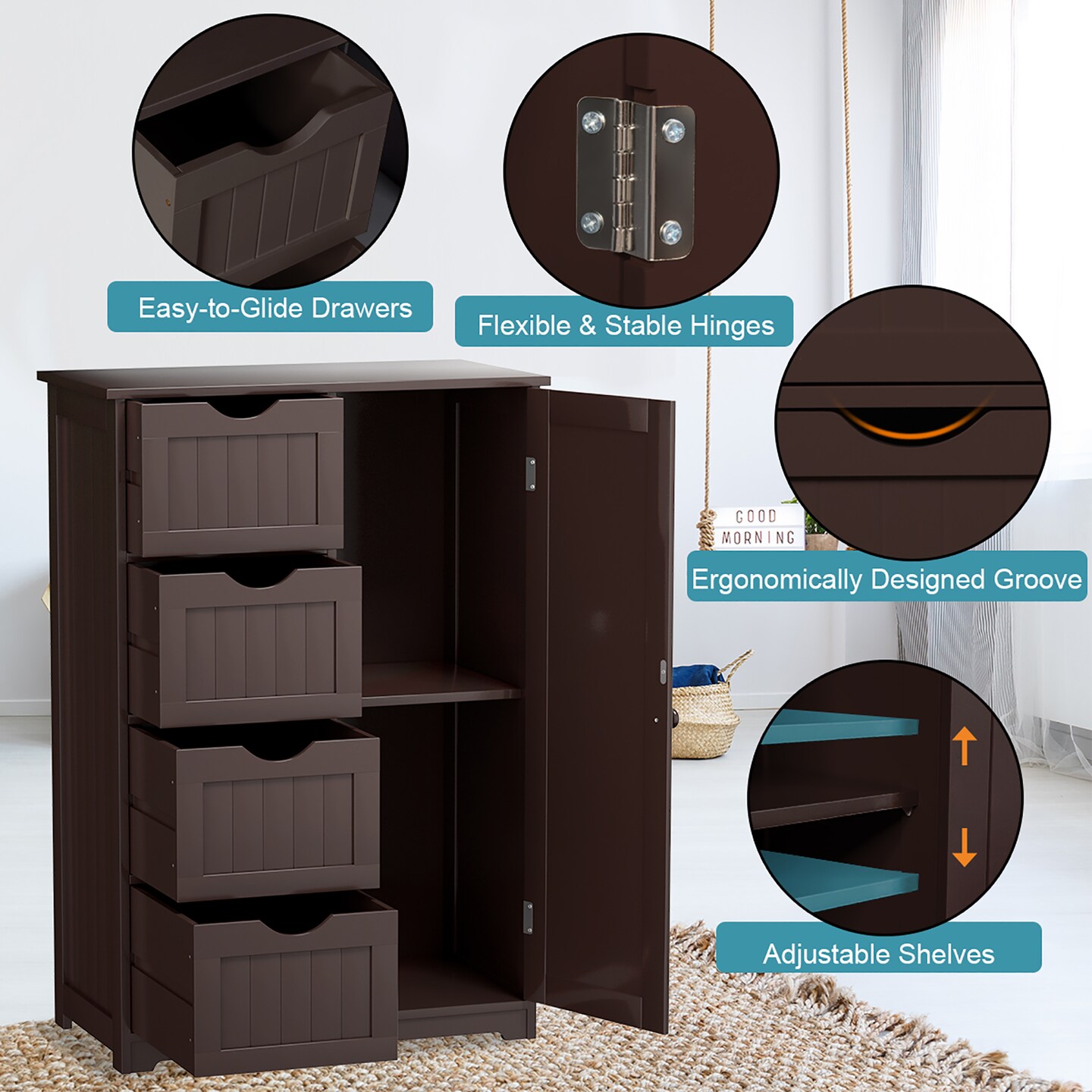 Costway Wooden 4 Drawer Bathroom Cabinet Storage Cupboard 2 Shelves Free Standing Brown