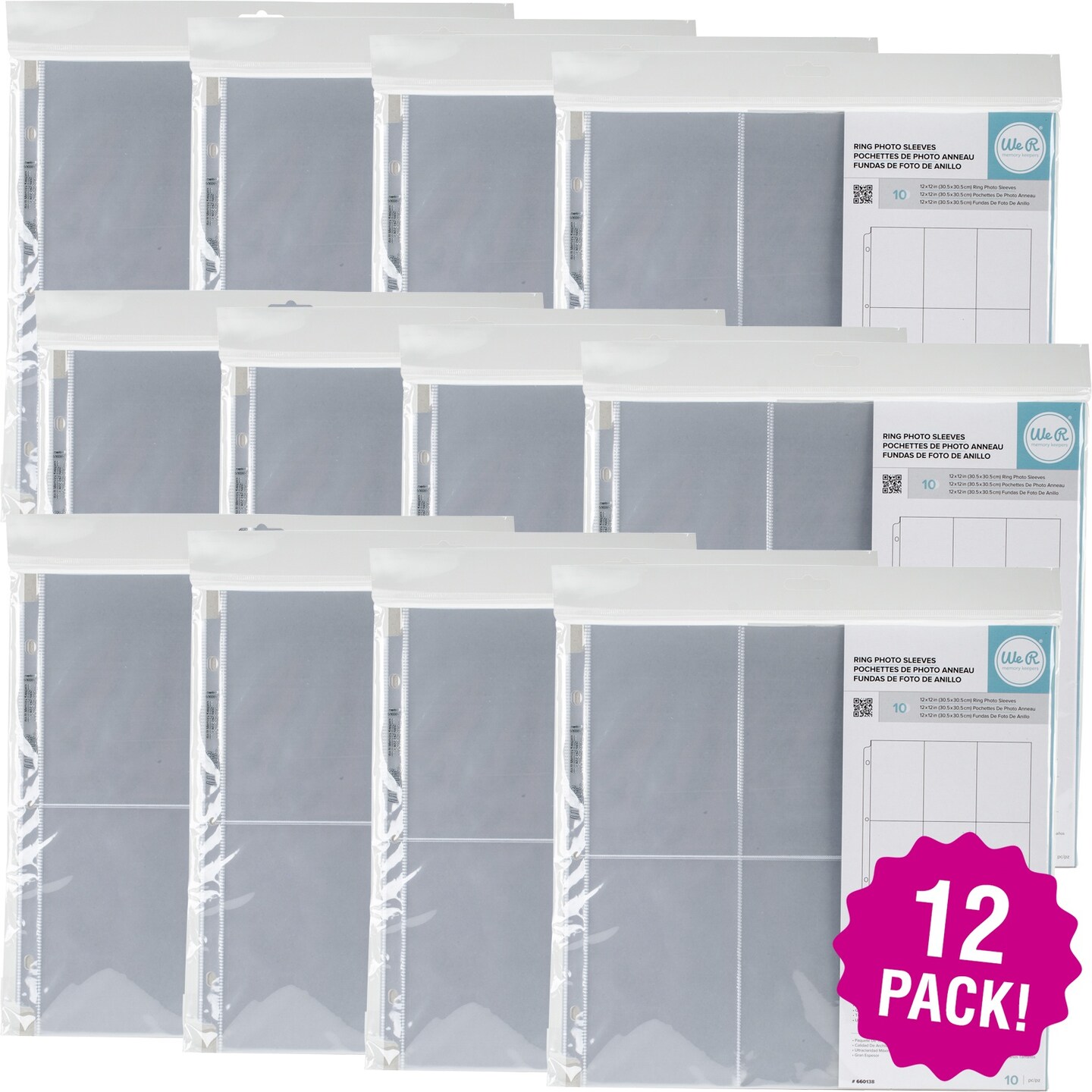 Multipack of 12 - We R Ring Photo Sleeves 12"X12" 10/Pkg-(6) 6"X4" Pockets