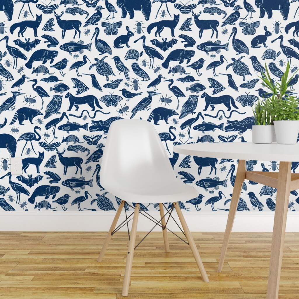 Peel &#x26; Stick Wallpaper 2FT Wide Animals Navy Blue Zoo Botanical Nursery Kids Custom Removable Wallpaper by Spoonflower