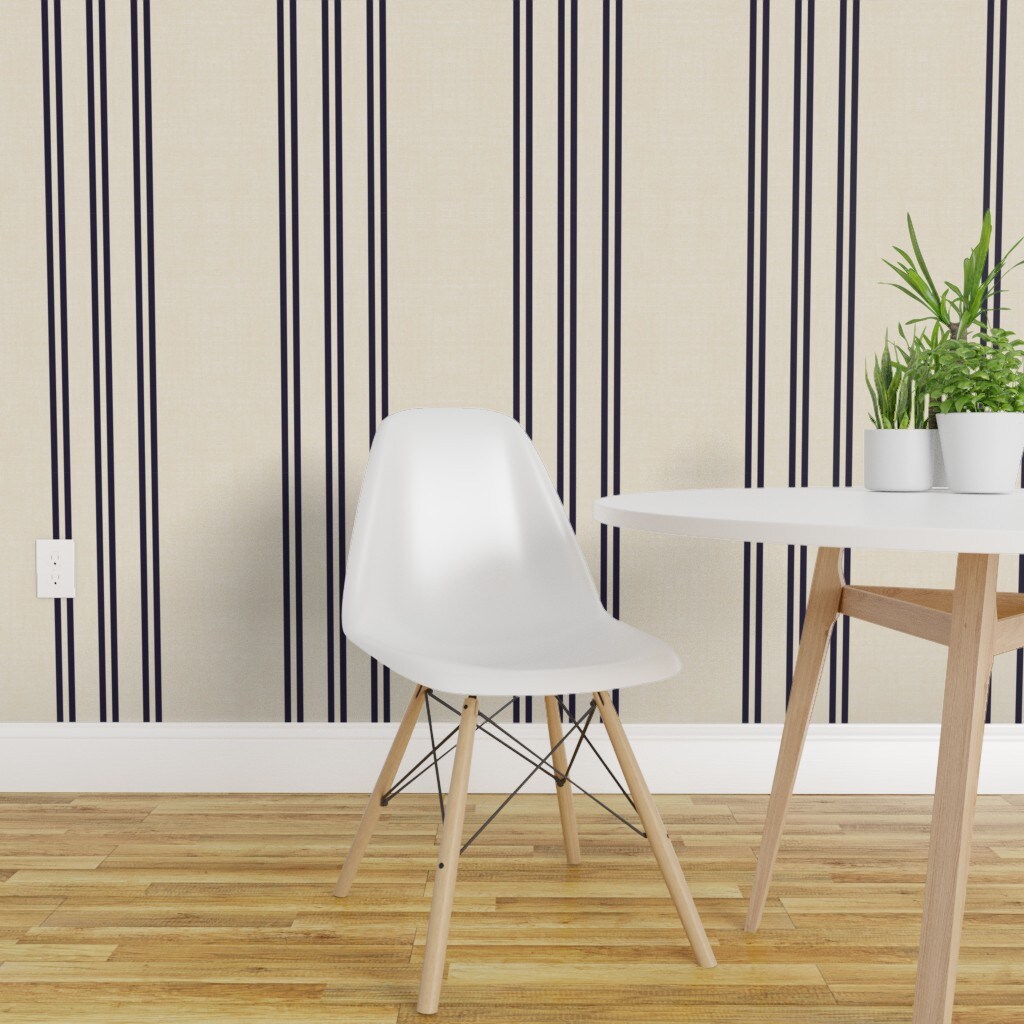 Peel &#x26; Stick Wallpaper 2FT Wide Stripe Navy French Cream Basic Traditional Custom Removable Wallpaper by Spoonflower