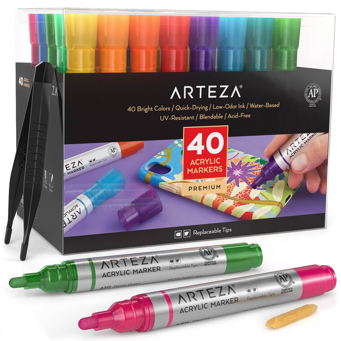 Arteza Premium Acrylic Artist Marker Set, Classic Hues and Metallic Colors, Replaceable Tips- 40 Pack
