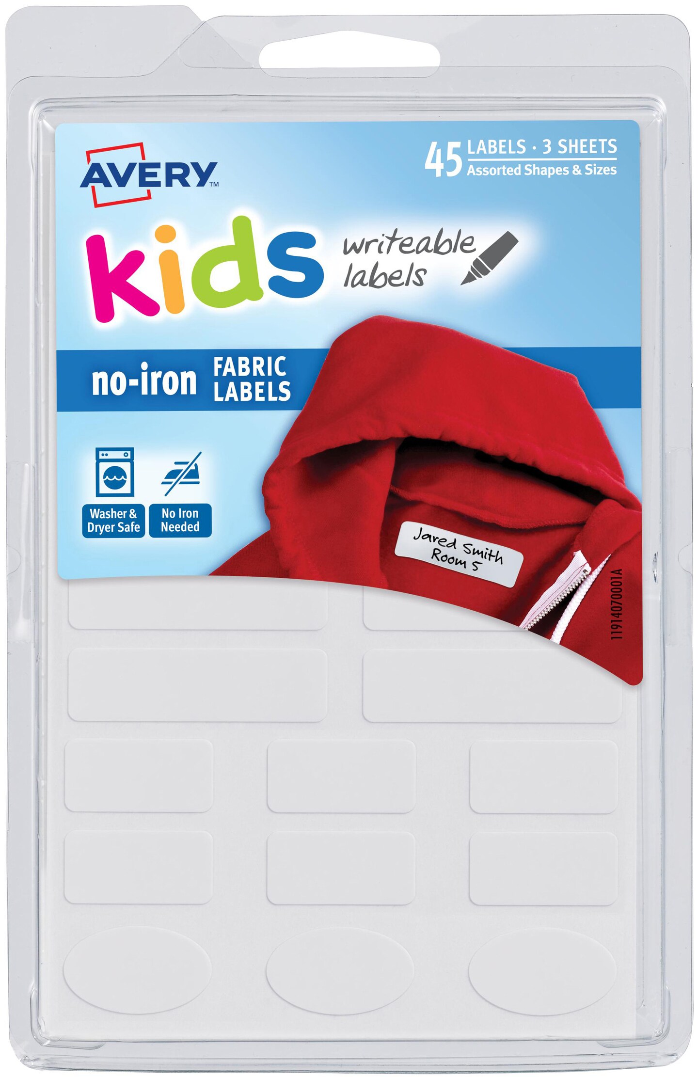 Avery Kids Writeable Labels No-Iron Fabric Labels 45/Pkg-White, Assorted  Sizes