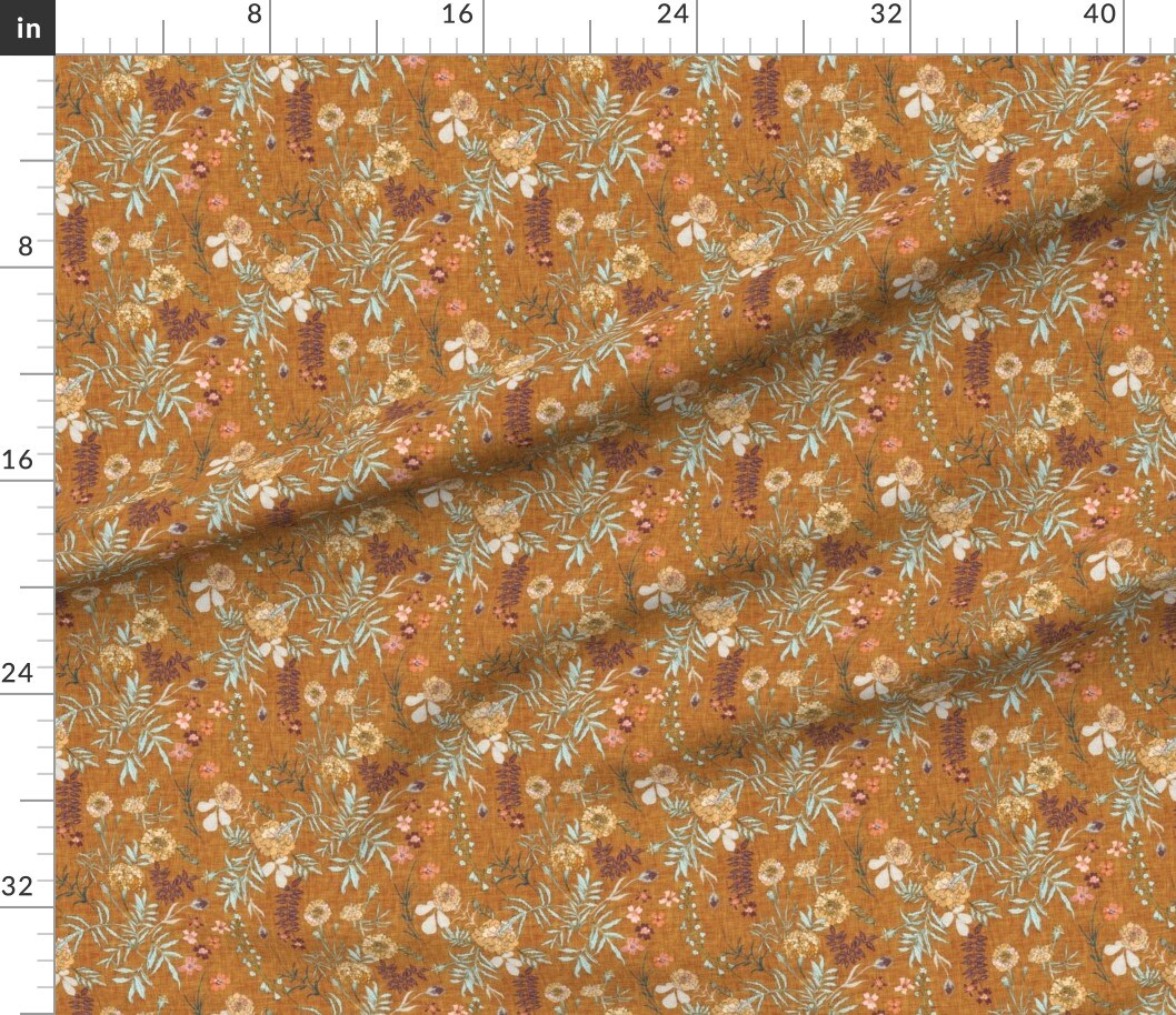 Various Fabrics by the Yard or Fat Quarter Flower Yellow Gold Fall Autumn Floral Leaves Boho Mustard White Green Romantic Custom Printed Fabric by Spoonflower