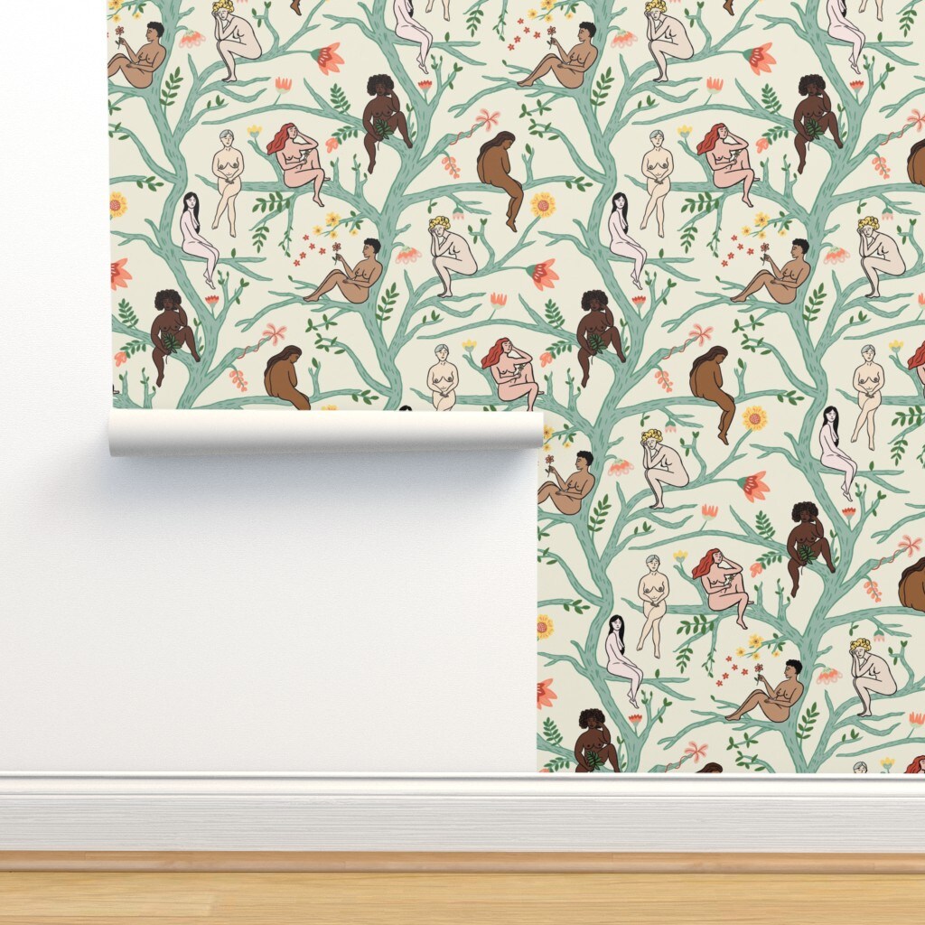 Boho Women Floral Trees Turquoise Botanical Naked Feminist Nudes Health Diversity Gardens Body Climbing Vines Garden Of Eden Custom Pre-pasted Wallpaper by Spoonflower Pre-Pasted Wallpaper 2FT Wide