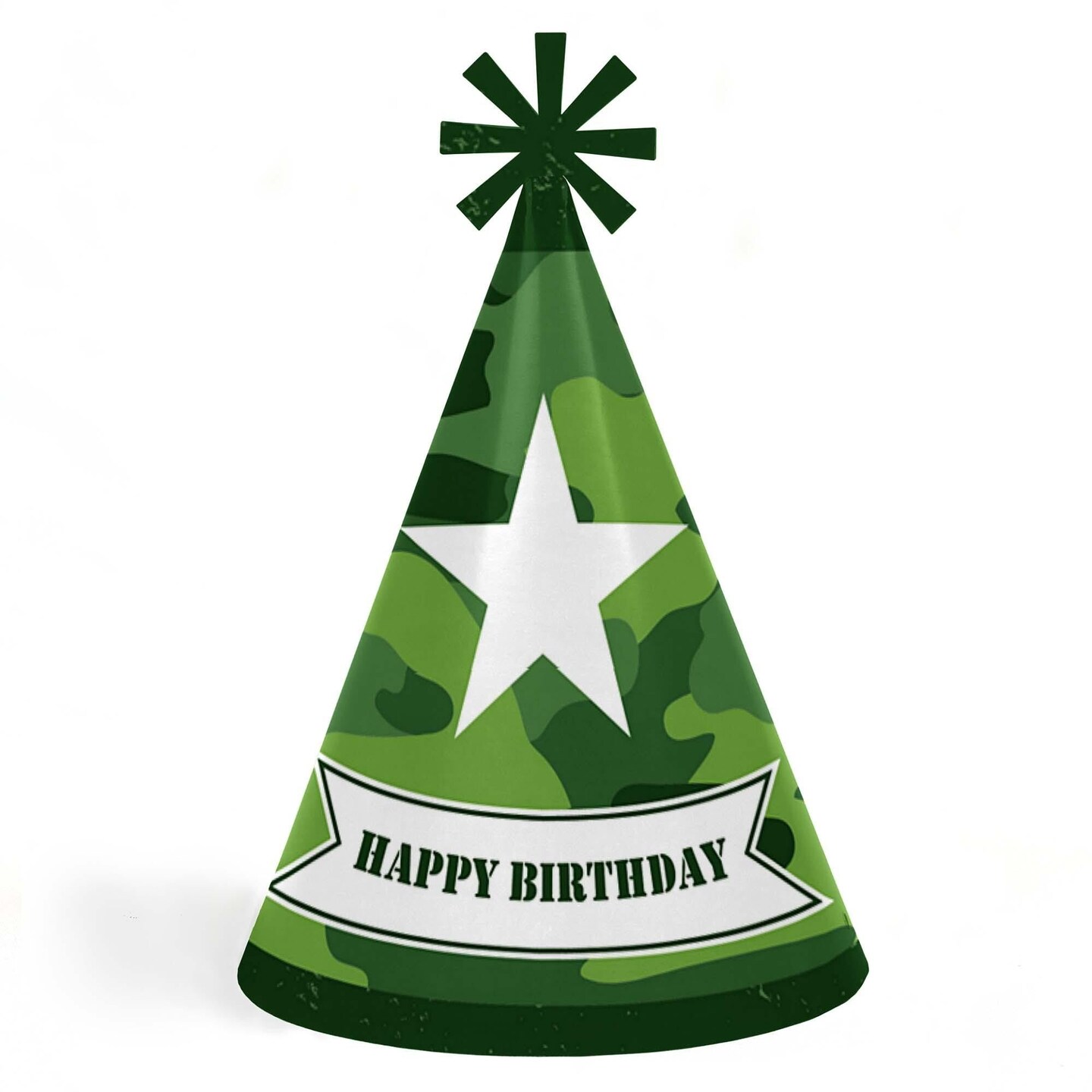 Big Dot of Happiness Camo Hero - Cone Happy Birthday Party Hats for Kids and Adults - Set of 8 (Standard Size)