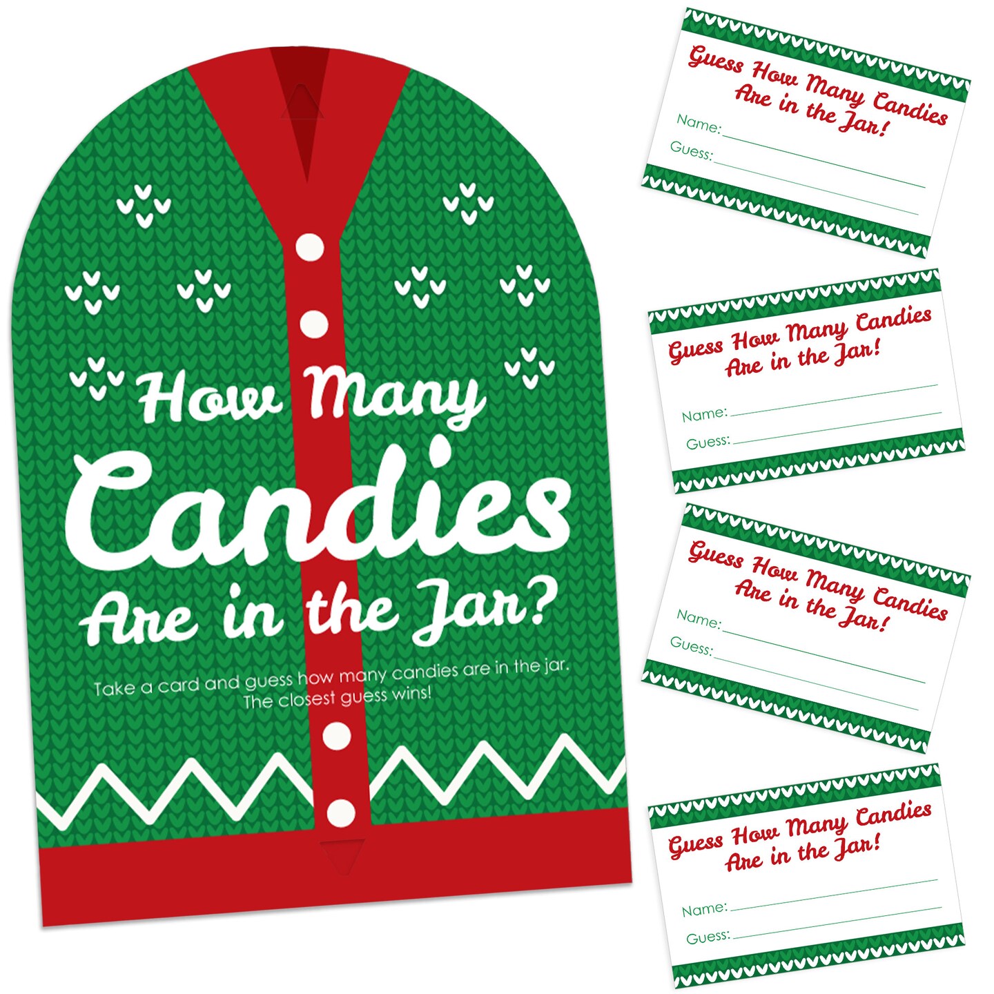 Big Dot of Happiness Ugly Sweater - How Many Candies Holiday and Christmas Party Game - 1 Stand and 40 Cards - Candy Guessing Game