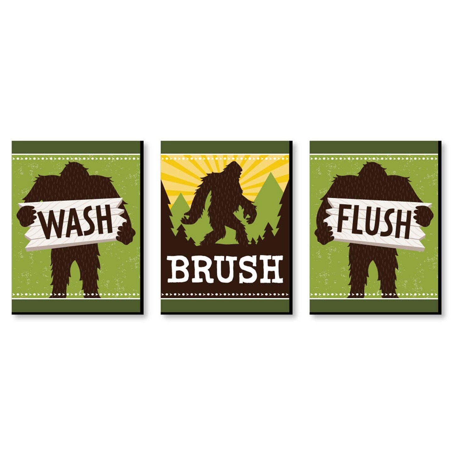 Big Dot of Happiness Sasquatch Crossing - Bigfoot Kids Bathroom Rules Wall Art - 7.5 x 10 inches - Set of 3 Signs - Wash, Brush, Flush