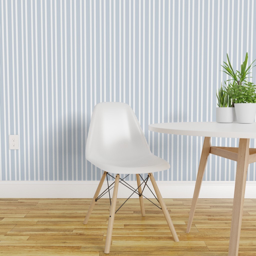 Peel &#x26; Stick Wallpaper 2FT Wide Pale Stripe Nursery Pinstripe French Ticking Blue And White Custom Removable Wallpaper by Spoonflower
