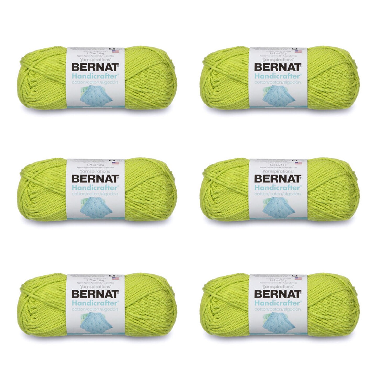 Bernat Handicrafter Cotton Hot Green Yarn 6 Pack of 50g 1.75oz Cotton 4 Medium Worsted 80 Yards Knitting Crochet