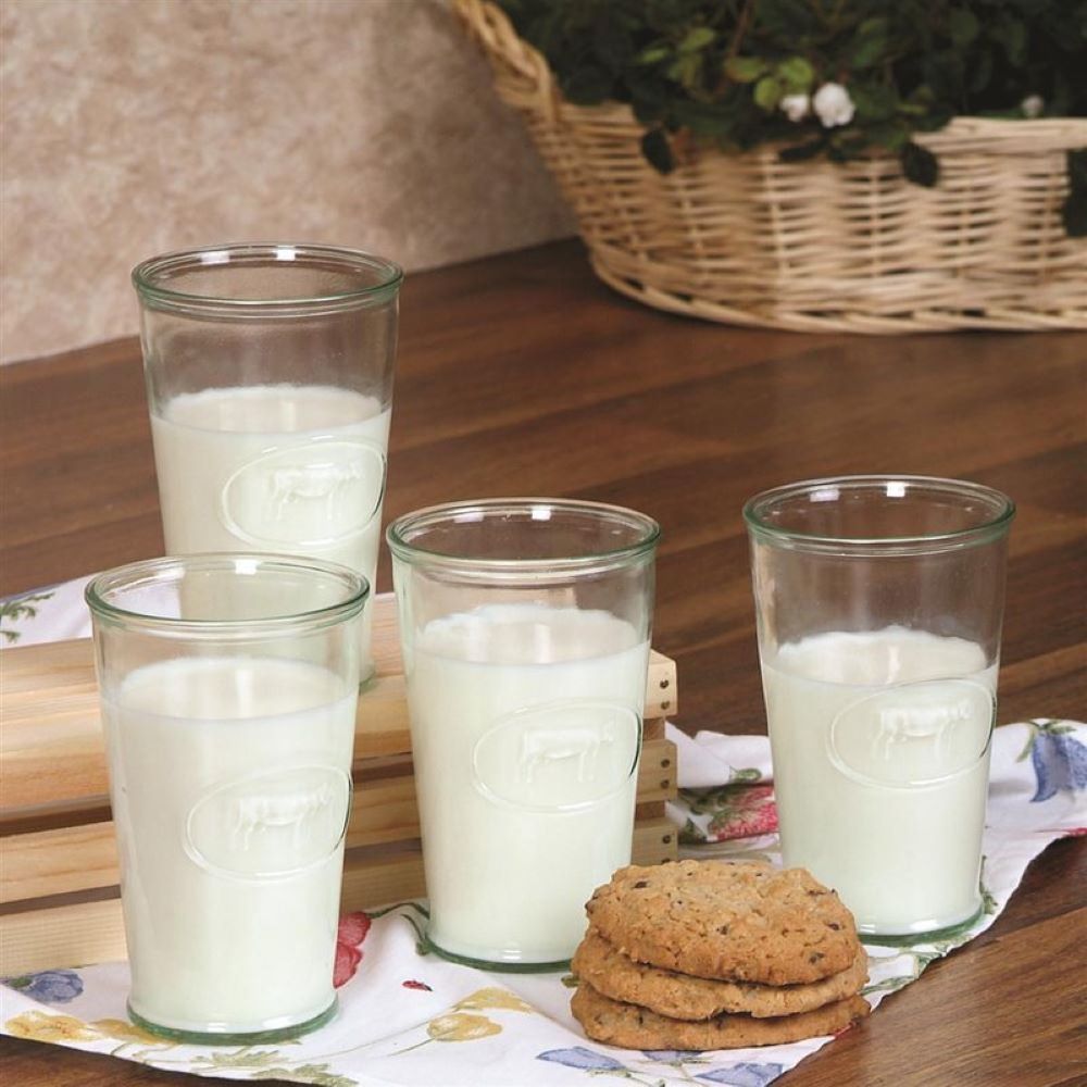Amici Home Set of 4 Glasses, Glass Drinking Cups with Cow Design