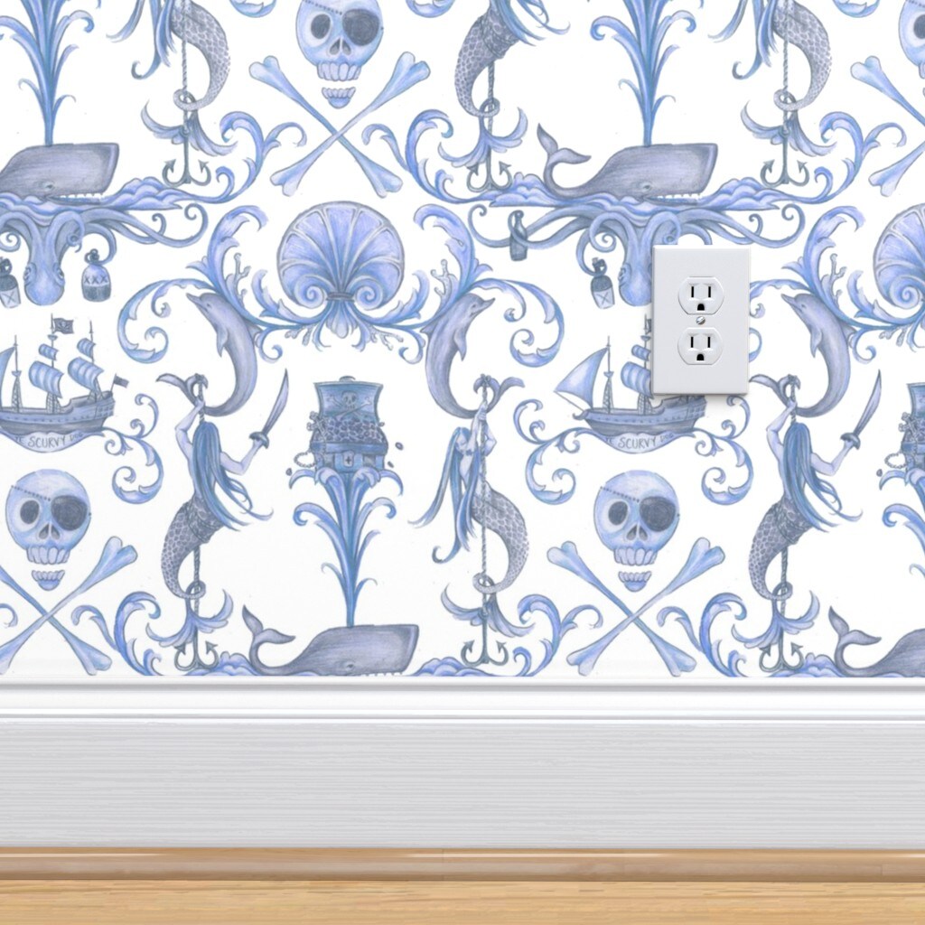 Pre-Pasted Wallpaper 2FT Wide Antique Blue Pirate Octopus Skull Dolphin Mermaid Whale Shell Whimsical Vintage Era Custom Pre-pasted Wallpaper by Spoonflower