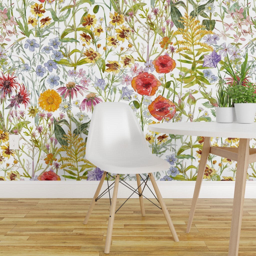 Pre-Pasted Wallpaper 2FT Wide Flowers Garden Green Red Floral Poppies 