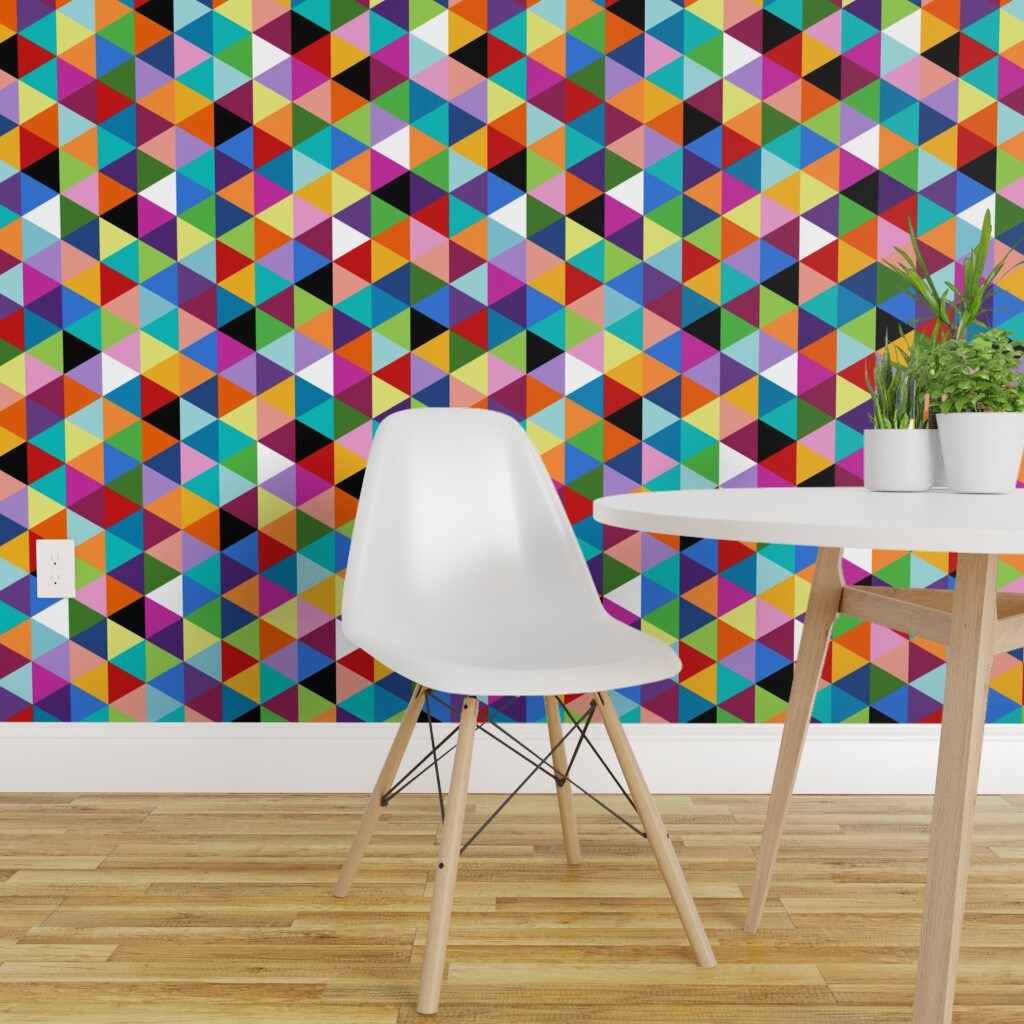 Peel &#x26; Stick Wallpaper 2FT Wide Colorful Geometric Triangle Cheater Quilt Pattern Happy Multi Color Modern Triangles Pop Art Colors Abstract Kid Room Shapes Custom Removable Wallpaper by Spoonflower
