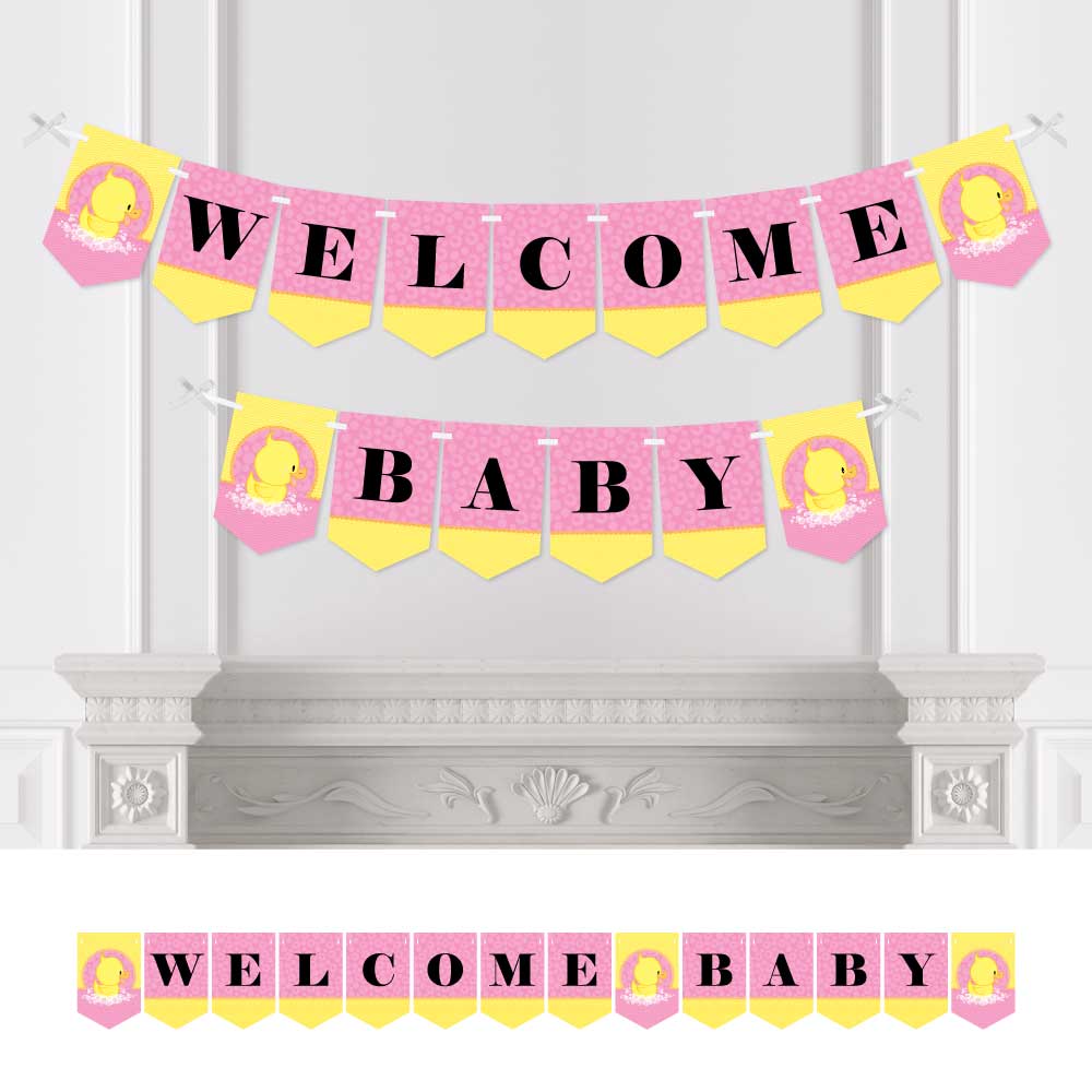 Big Dot of Happiness Pink Ducky Duck - Girl Baby Shower Bunting Banner - Pink Party Decorations - Welcome Baby
