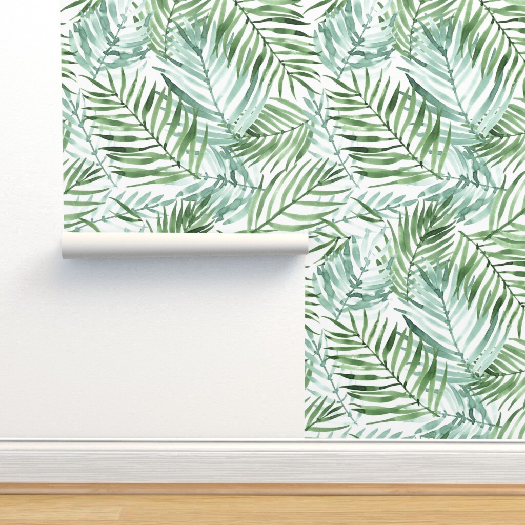 Watercolor Tropical Palm Leaf Green Jungle Exotic Plant Custom Pre-pasted Wallpaper by Spoonflower Pre-Pasted Wallpaper 2FT Wide