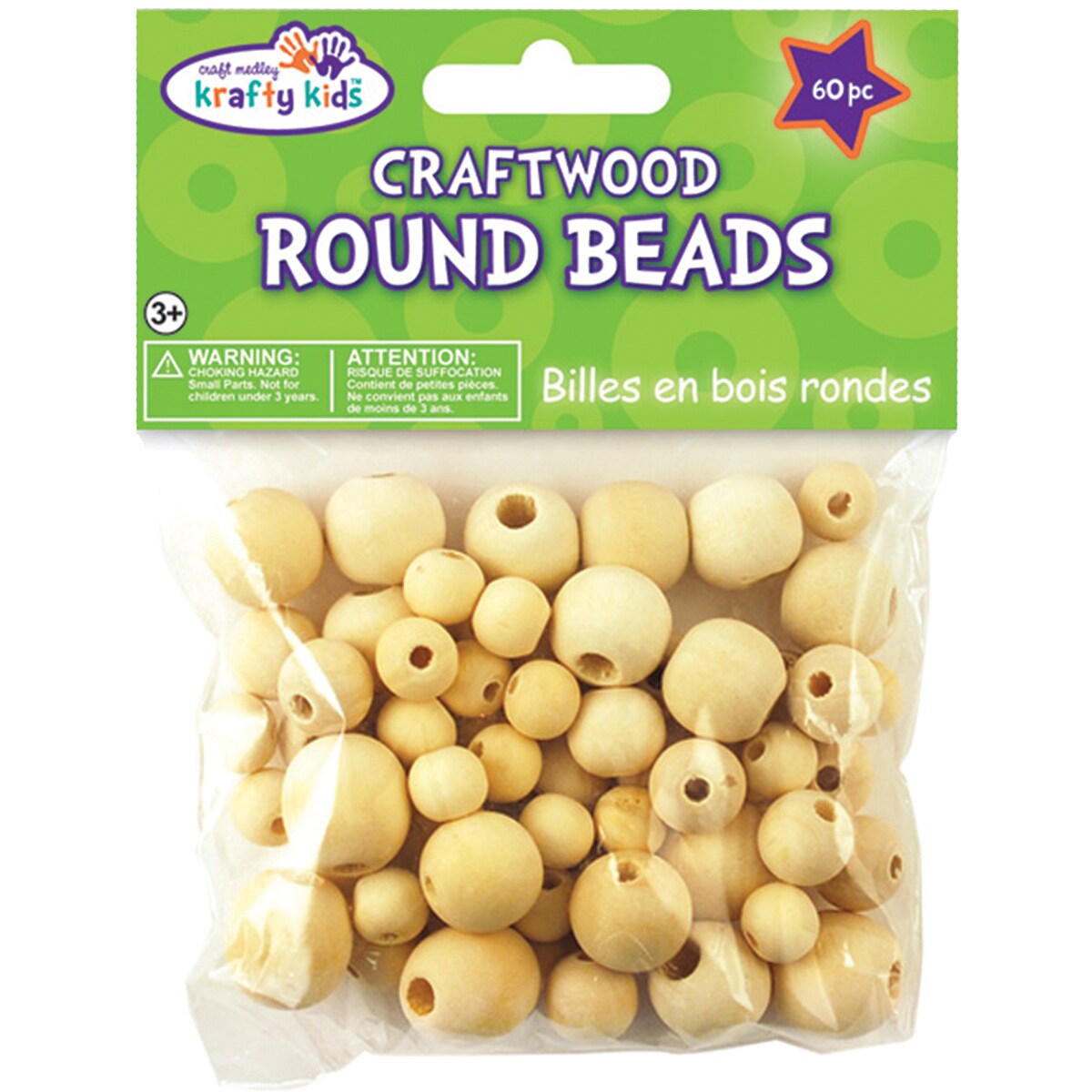 Krafty Kids Craftwood Round Beads 10mm To 16mm 60/Pkg-Natural