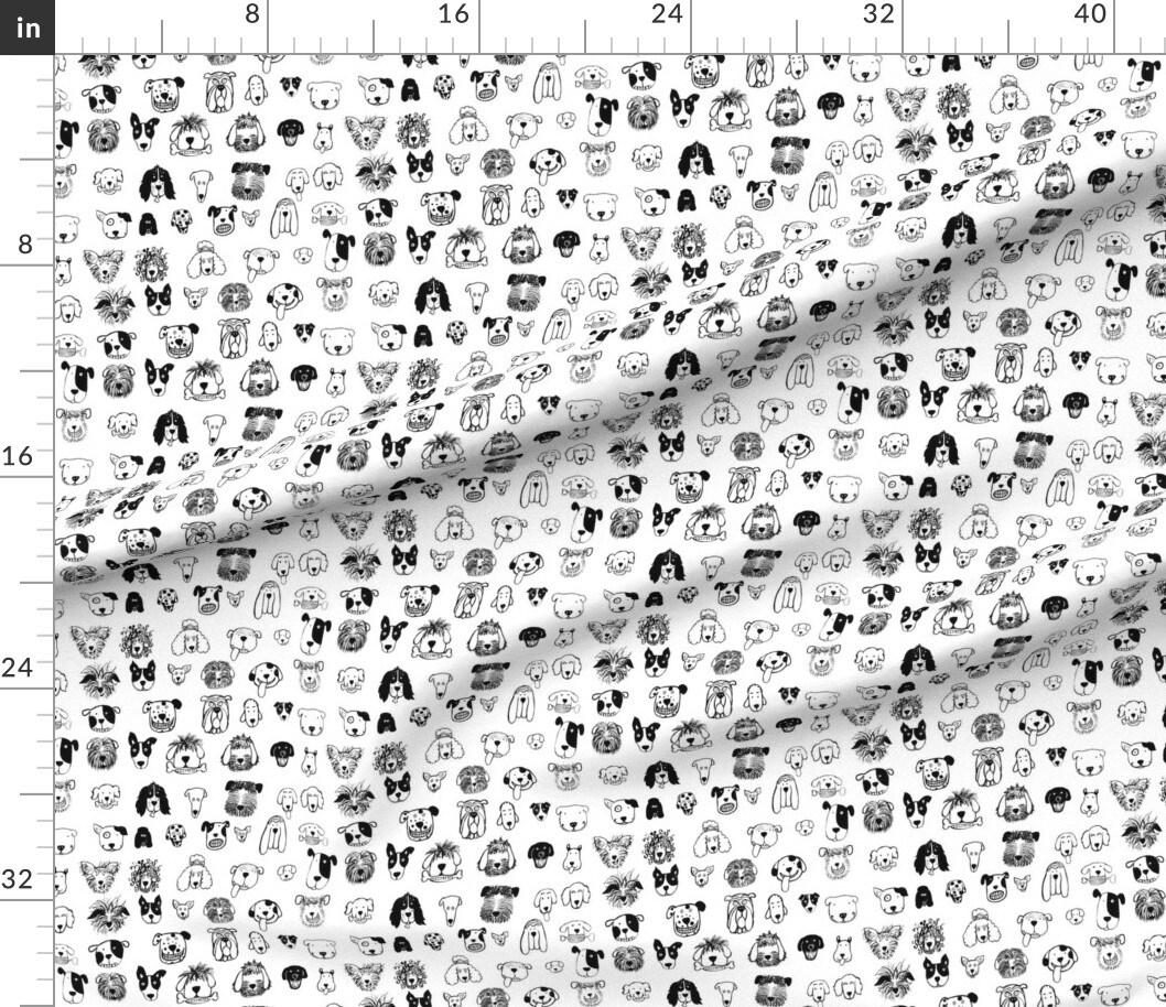 Dog Doodles Black Ink Dogs Happy Faces Whimsical Kids Decor Custom Printed Fabric by Spoonflower Various Fabrics by the Yard or Fat Quarter