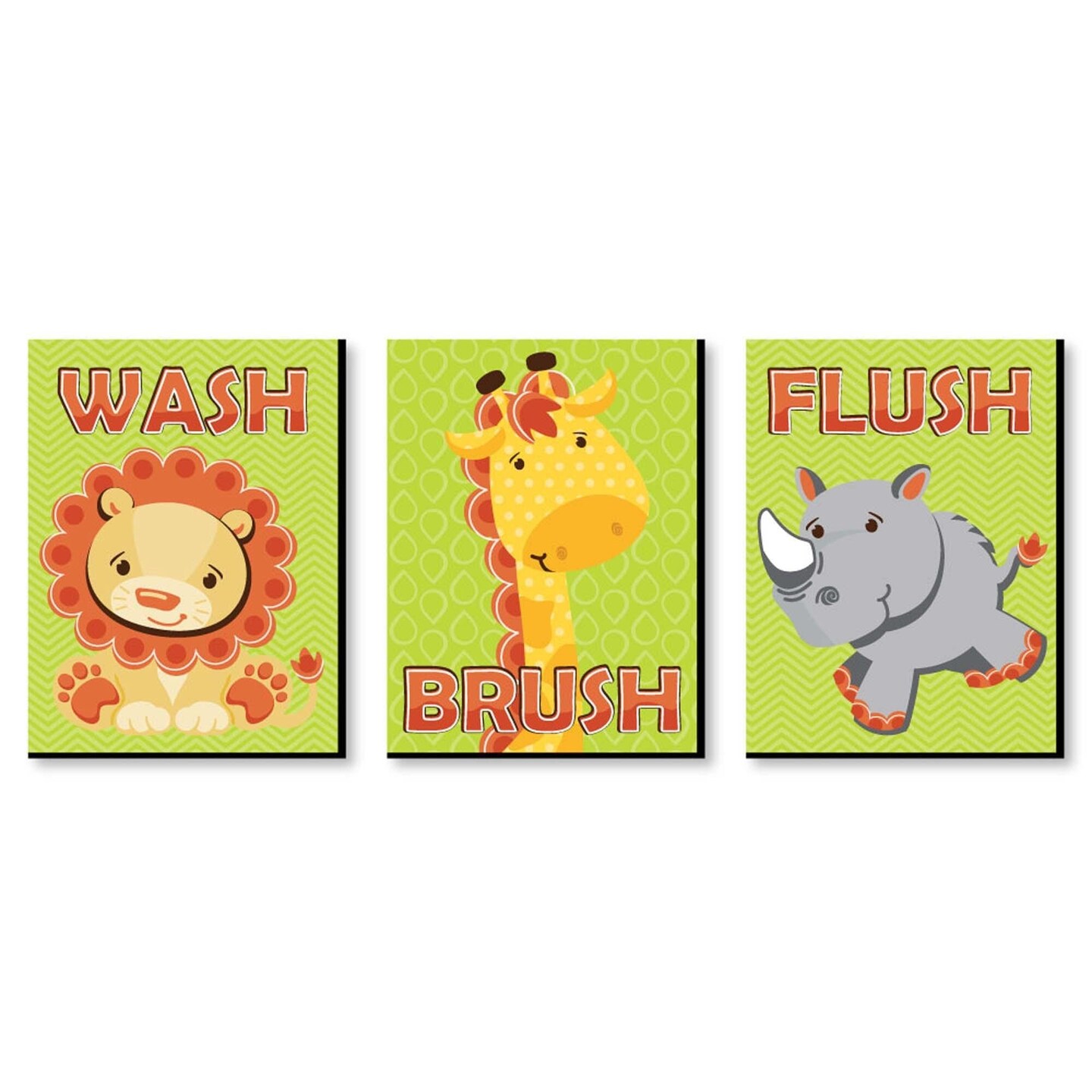 Big Dot of Happiness Funfari - Fun Safari Jungle - Kids Bathroom Rules Wall Art - 7.5 x 10 inches - Set of 3 Signs - Wash, Brush, Flush