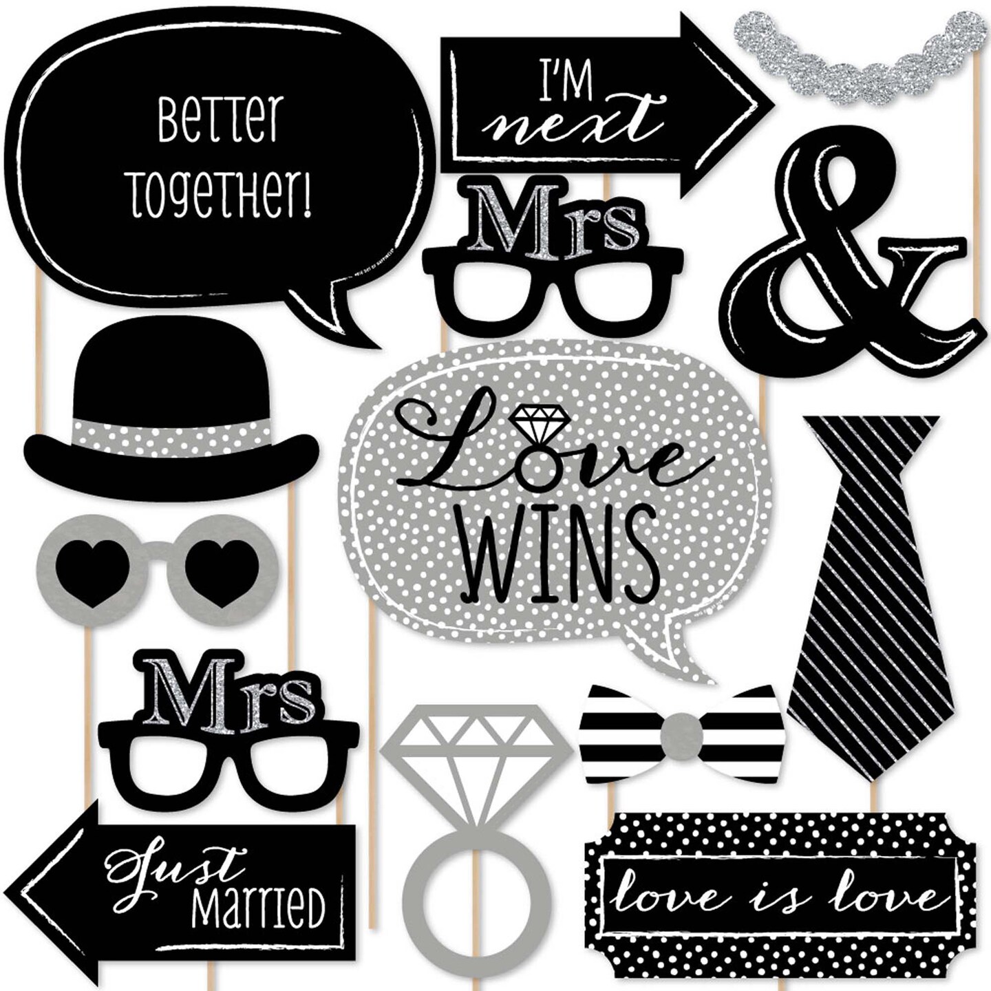 Big Dot of Happiness Mrs. & Mrs. - Silver - Lesbian Wedding Photo Booth Props Kit - 20 Count