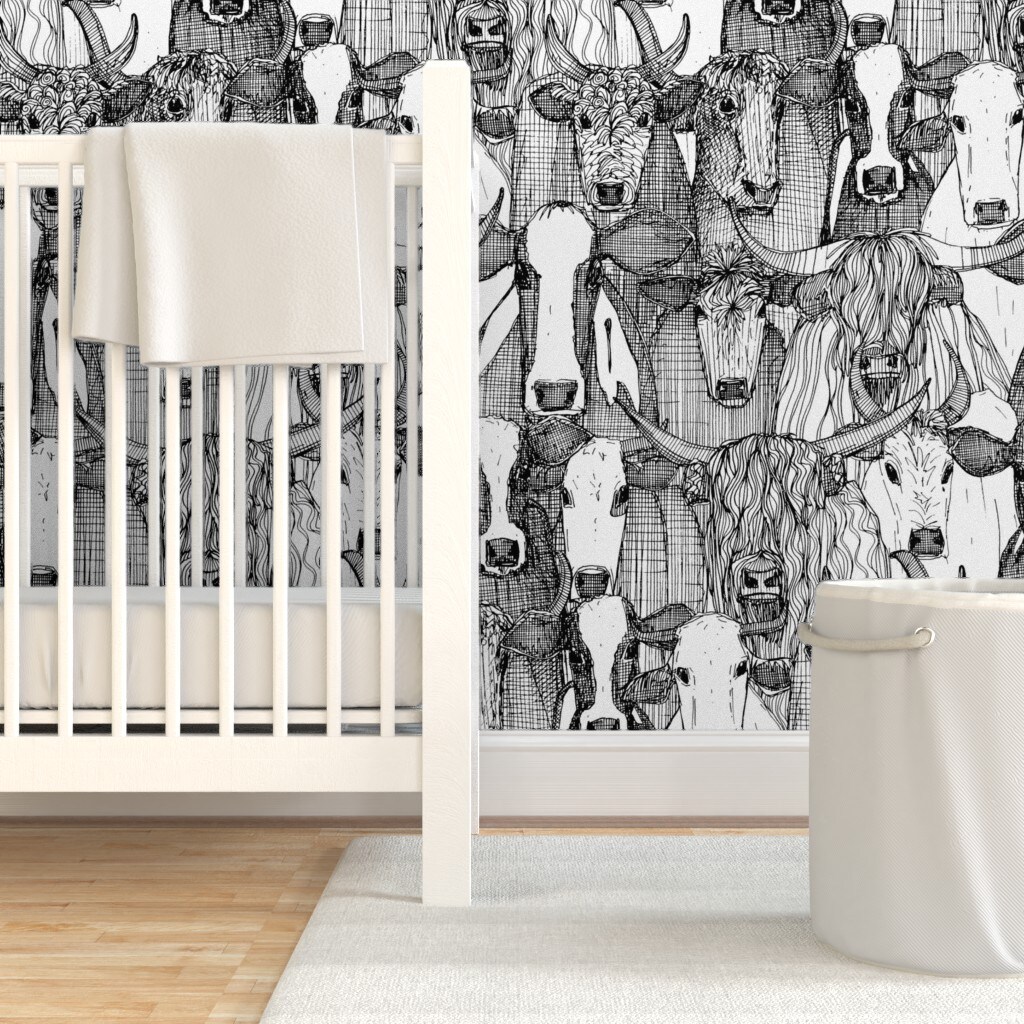 Pre-Pasted Wallpaper 2FT Wide Cattle Black White Large Animal Illustration Cow Cows Bull Custom Pre-pasted Wallpaper by Spoonflower