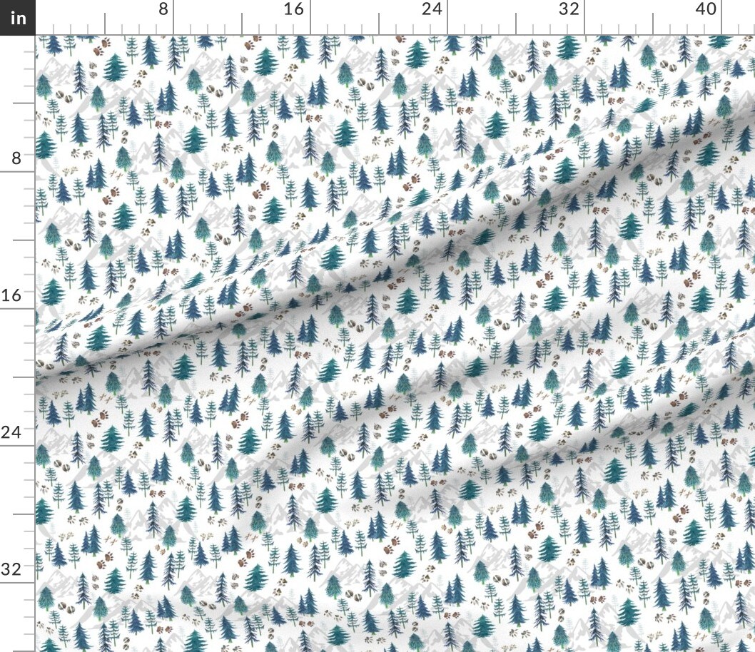 Tracks Pine Tree Forest Animal Teal Smaller Scale Woodland Trees Watercolor Mountain Custom Printed Fabric by Spoonflower Various Fabrics by the Yard or Fat Quarter
