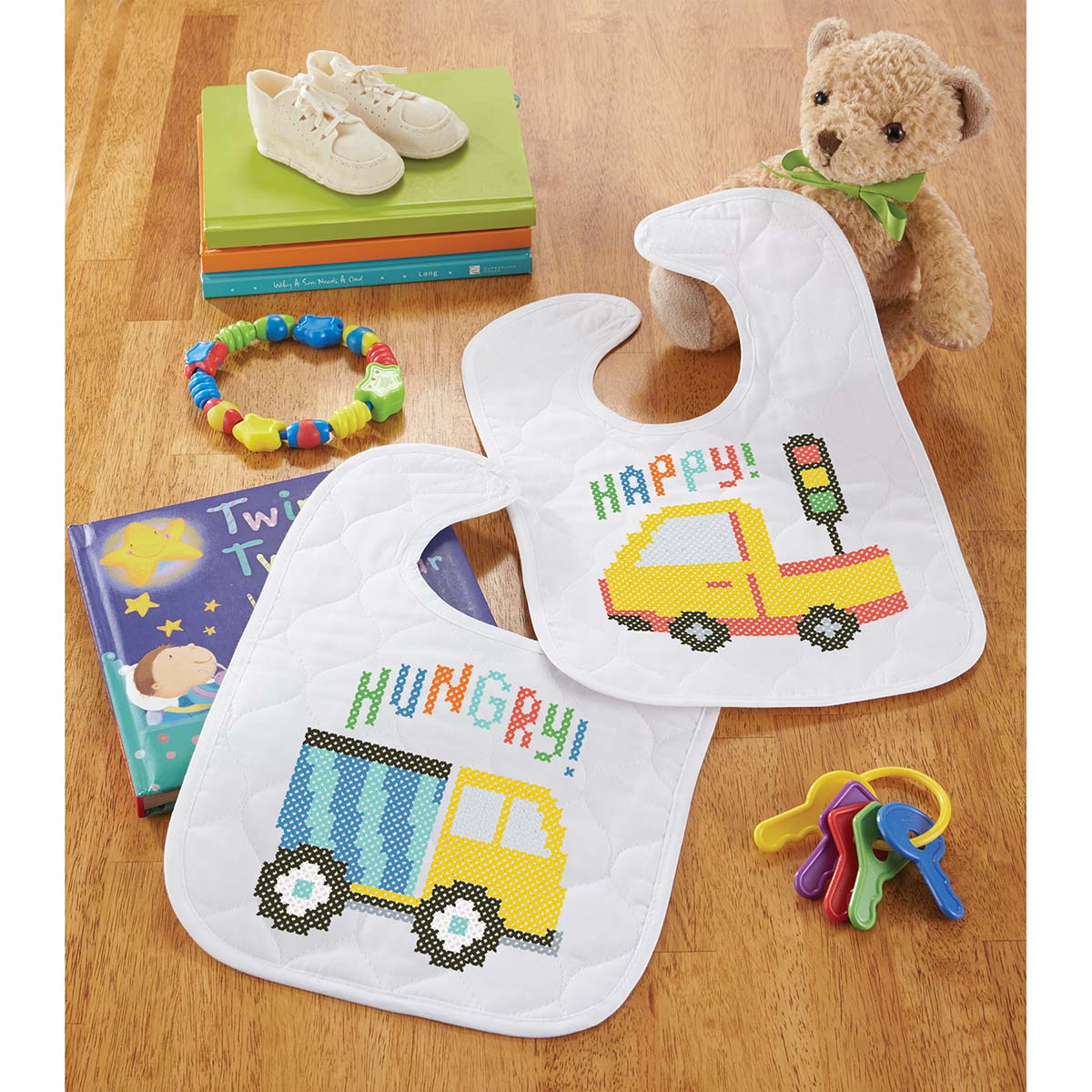 Herrschners Construction Crew Baby Bibs Stamped Cross-Stitch Kit | Michaels