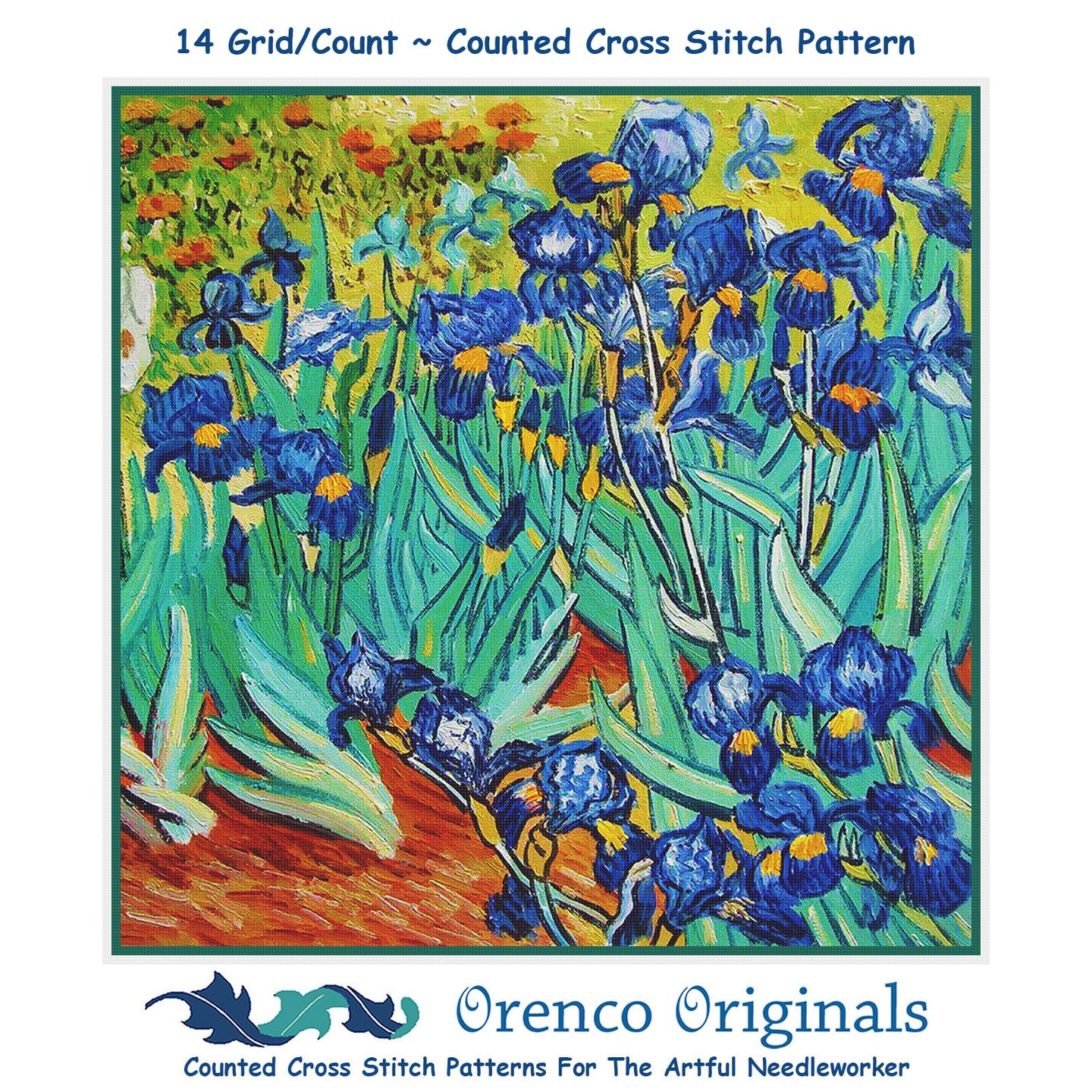 Irises in the Garden detail inspired by Impressionist Vincent Van Gogh&#x27;s Painting Counted Cross Stitch Pattern