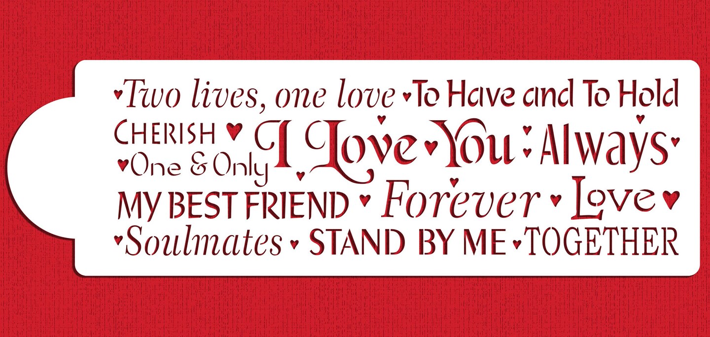 Words of Love Cake Stencil Side | C942 by Designer Stencils | Cake Decorating Tools | Baking Stencils for Royal Icing, Airbrush, Dusting Powder | Reusable Plastic Food Grade Stencil for Cakes | Easy to Use &#x26; Clean Cake Stencil