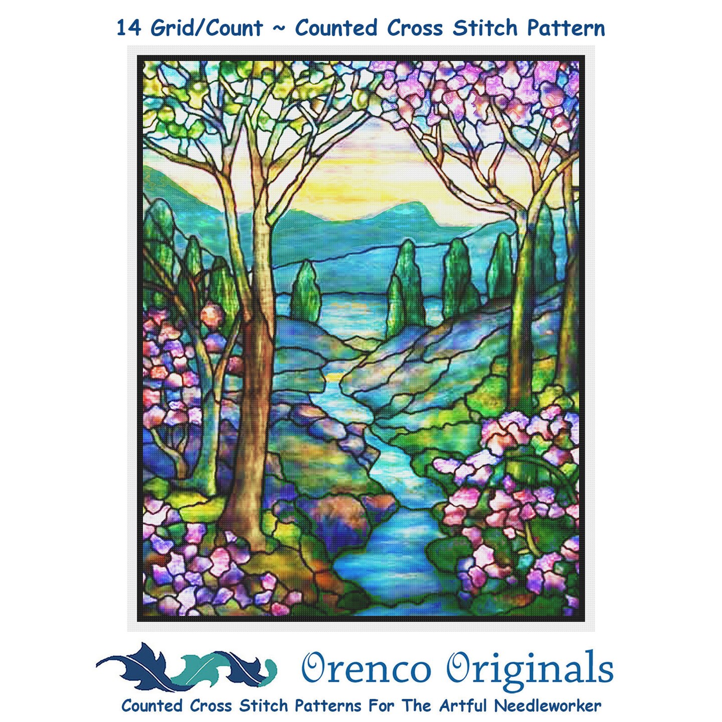 Mountain and Stream Landscape detail inspired by Louis Comfort Tiffany Counted Cross Stitch Pattern