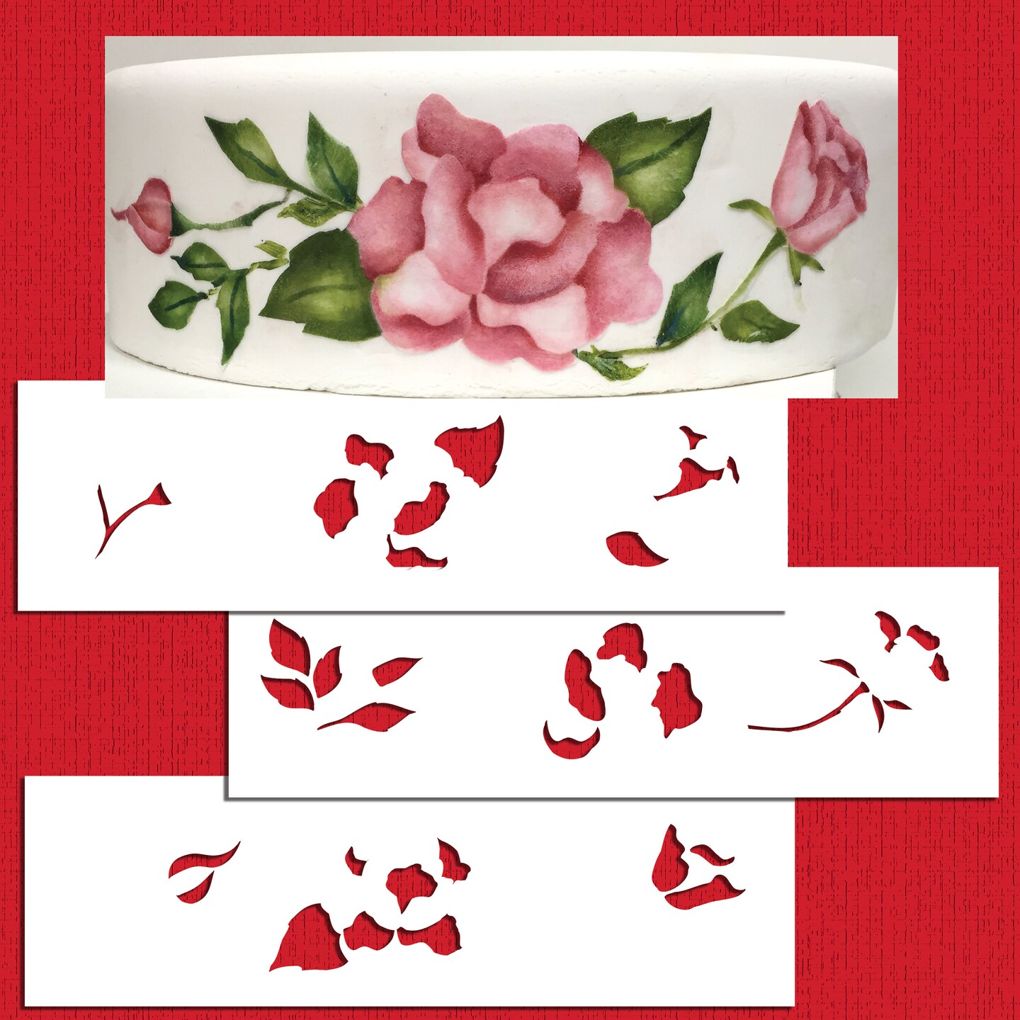 Multi-Layer Painted Roses Cake Stencil | C948 by Designer Stencils | Cake Decorating Tools | Baking Stencils for Royal Icing, Airbrush, Dusting Powder | Reusable Plastic Food Grade Stencil for Cakes | Easy to Use &#x26; Clean Cake Stencil