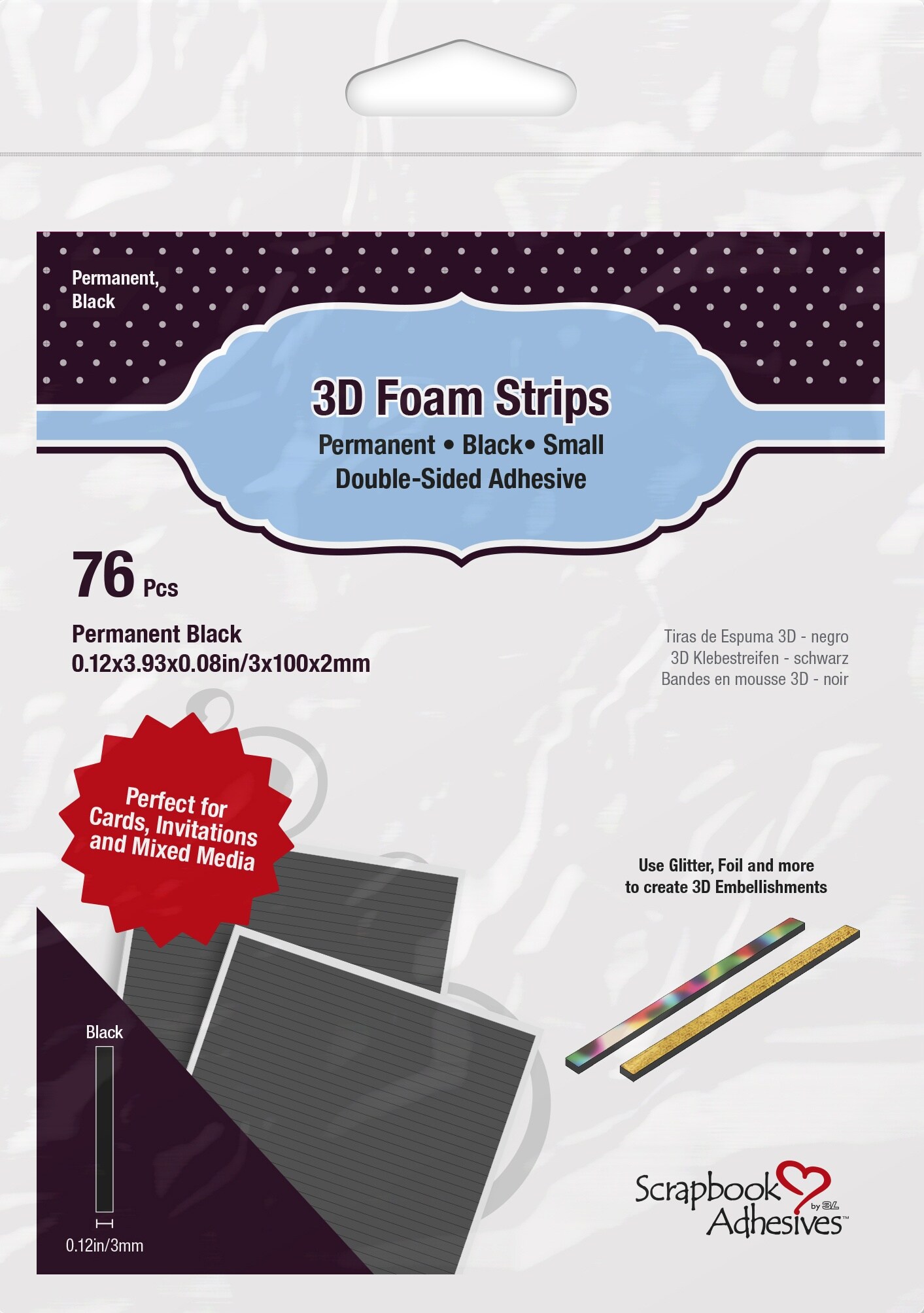 Scrapbook Adhesives 3D Foam Strips 76/Pkg-Black, 0.12&#x22;X3.93&#x22;X0.08&#x22;