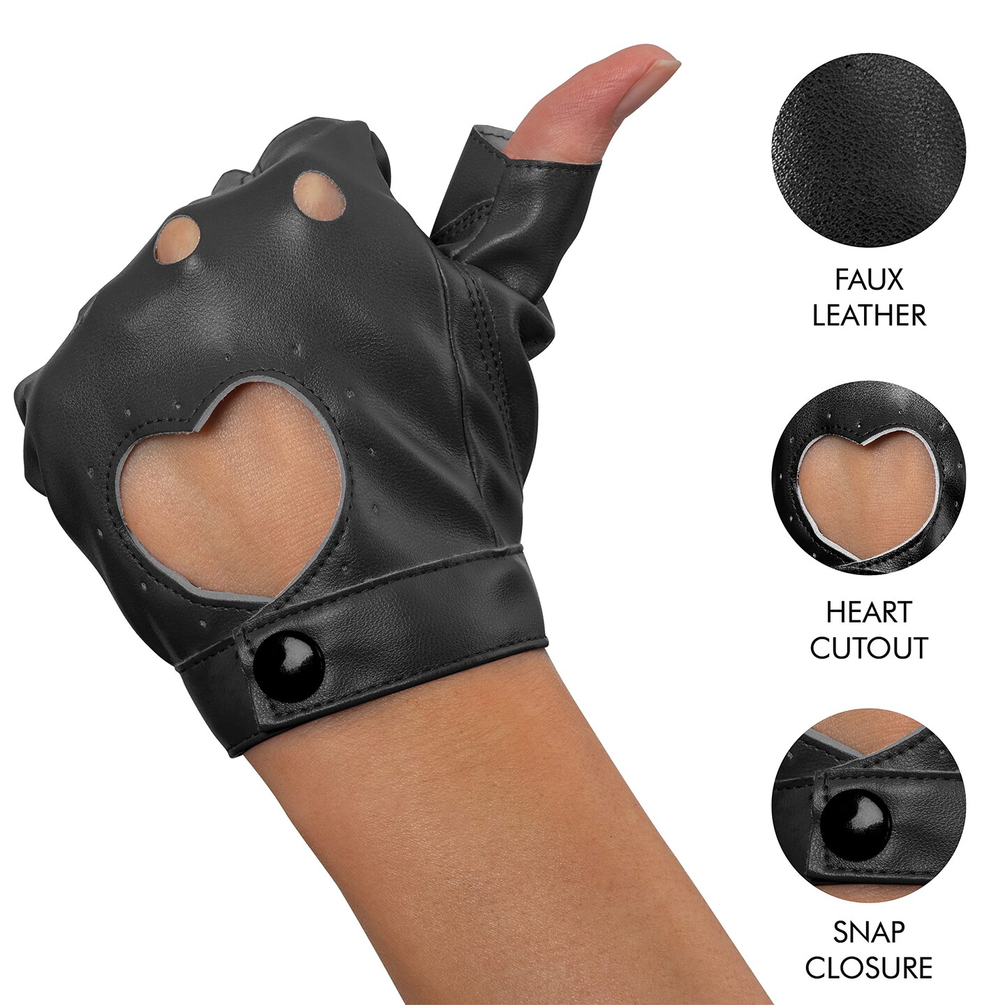 Fingerless Biker Jazz Gloves - 80s Style Gothic Black Faux Leather Punk Biker Gloves with Heart Cutout for Women and Kids