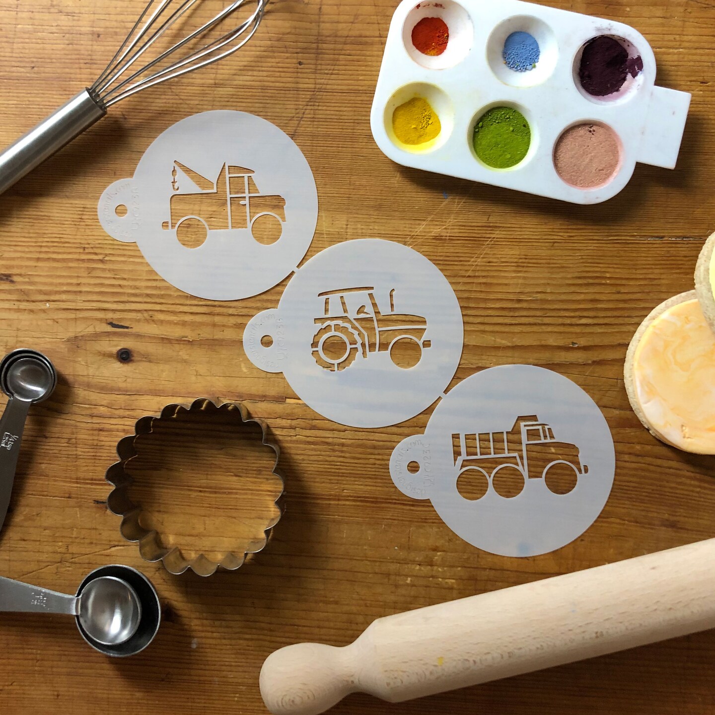 Trucks Cookie Stencil Set | C923 by Designer Stencils | Cookie Decorating Tools | Baking Stencils for Royal Icing, Airbrush, Dusting Powder | Reusable Plastic Food Grade Stencil for Cookies | Easy to Use &#x26; Clean Cookie Stencil