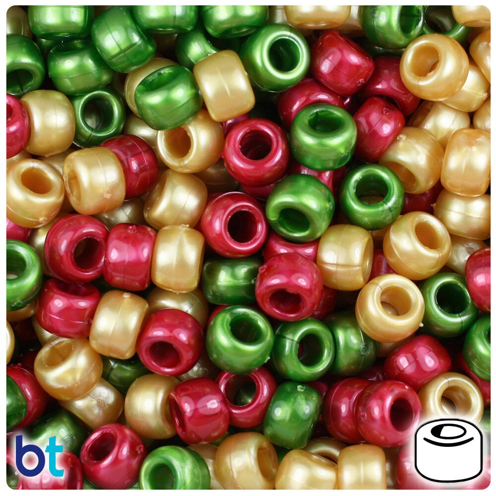 BeadTin Christmas Mix Pearl 9mm Barrel Plastic Pony Beads (500pcs)