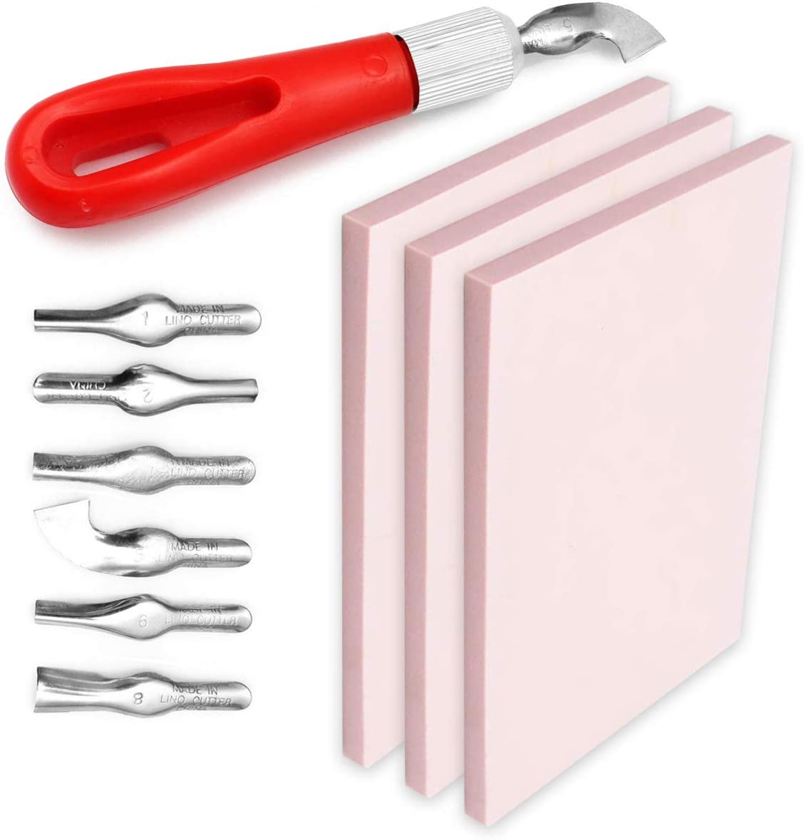 Pixiss Stamp Carving Kit, 3 Rubber Blocks, Brayer, Lino Carver, Knife Kit, 15 Ink Pads