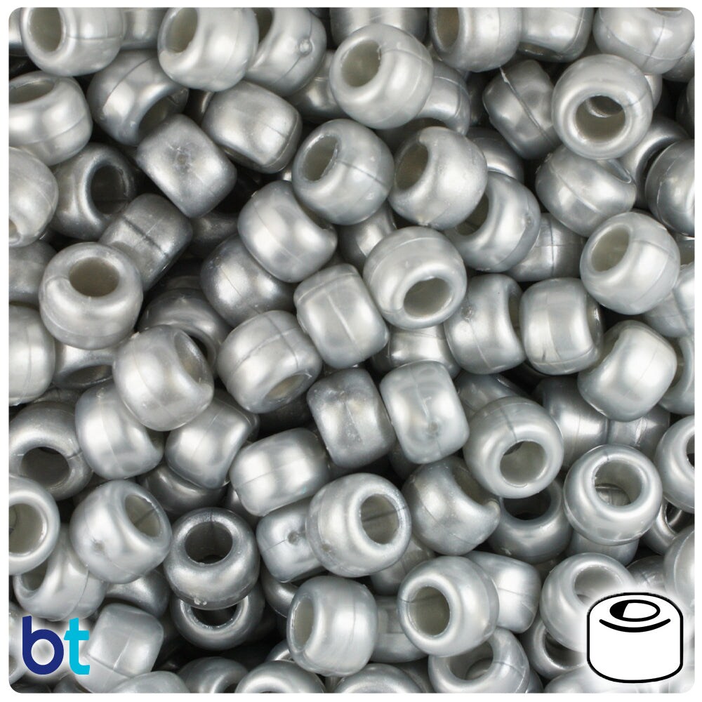 BeadTin Medium Silver Pearl 9mm Barrel Plastic Pony Beads (500pcs)