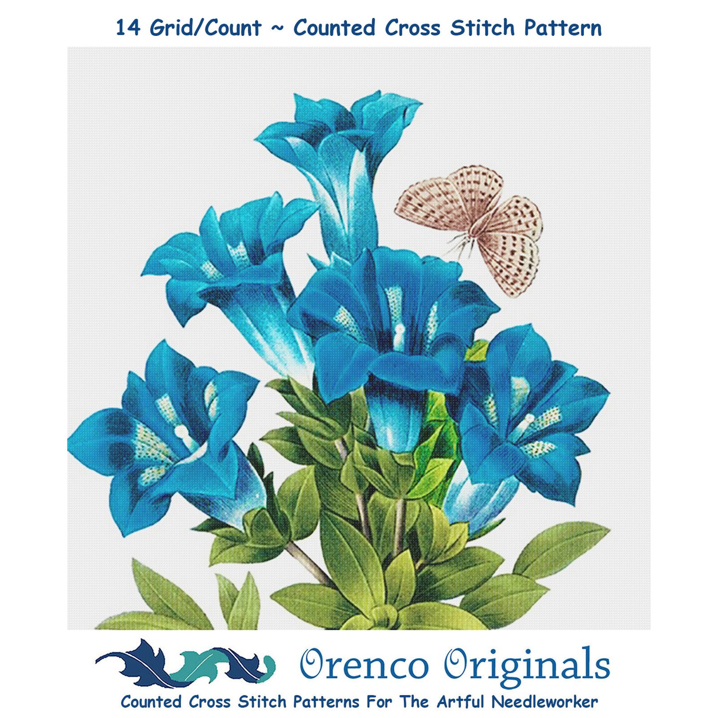 Orenco Originals Redoute Blue Gentian Flower Counted Cross Stitch Pattern