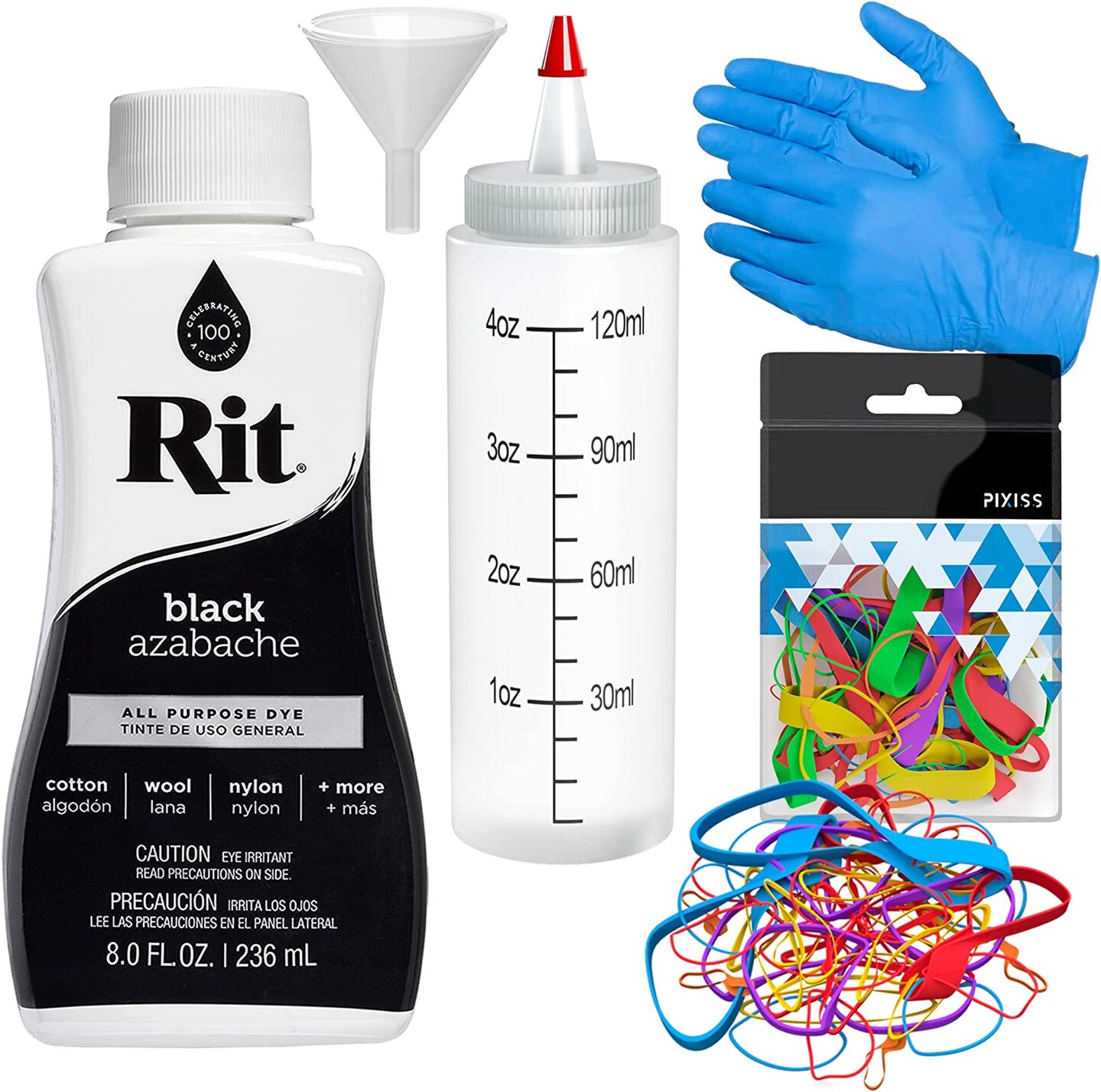 Rit Dye Liquid Black All-Purpose Dye 8oz, Pixiss Tie Dye Accessories Bundle